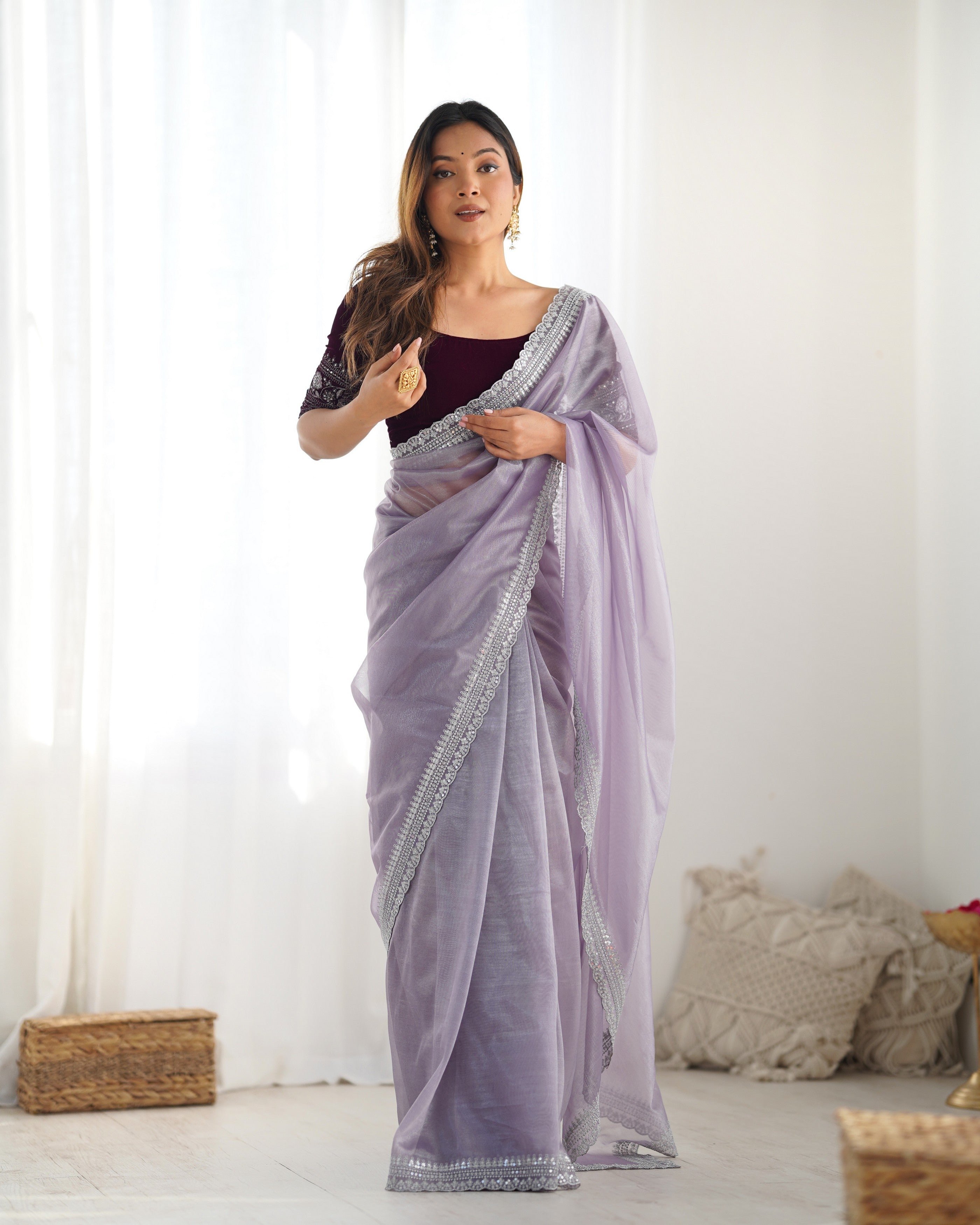 Lavender Twill Net Glamorous Bollywood Style Sequins Work Saree