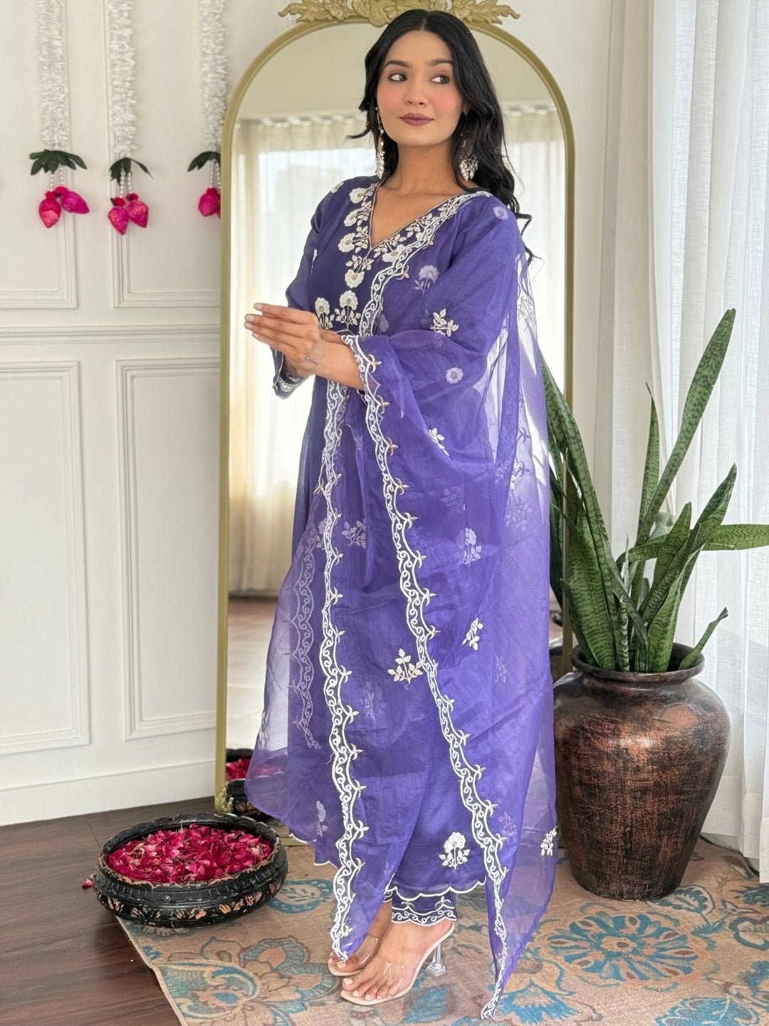 Lavender Vichitra Silk Elegant Kurta Pant Set With Embroidery Work