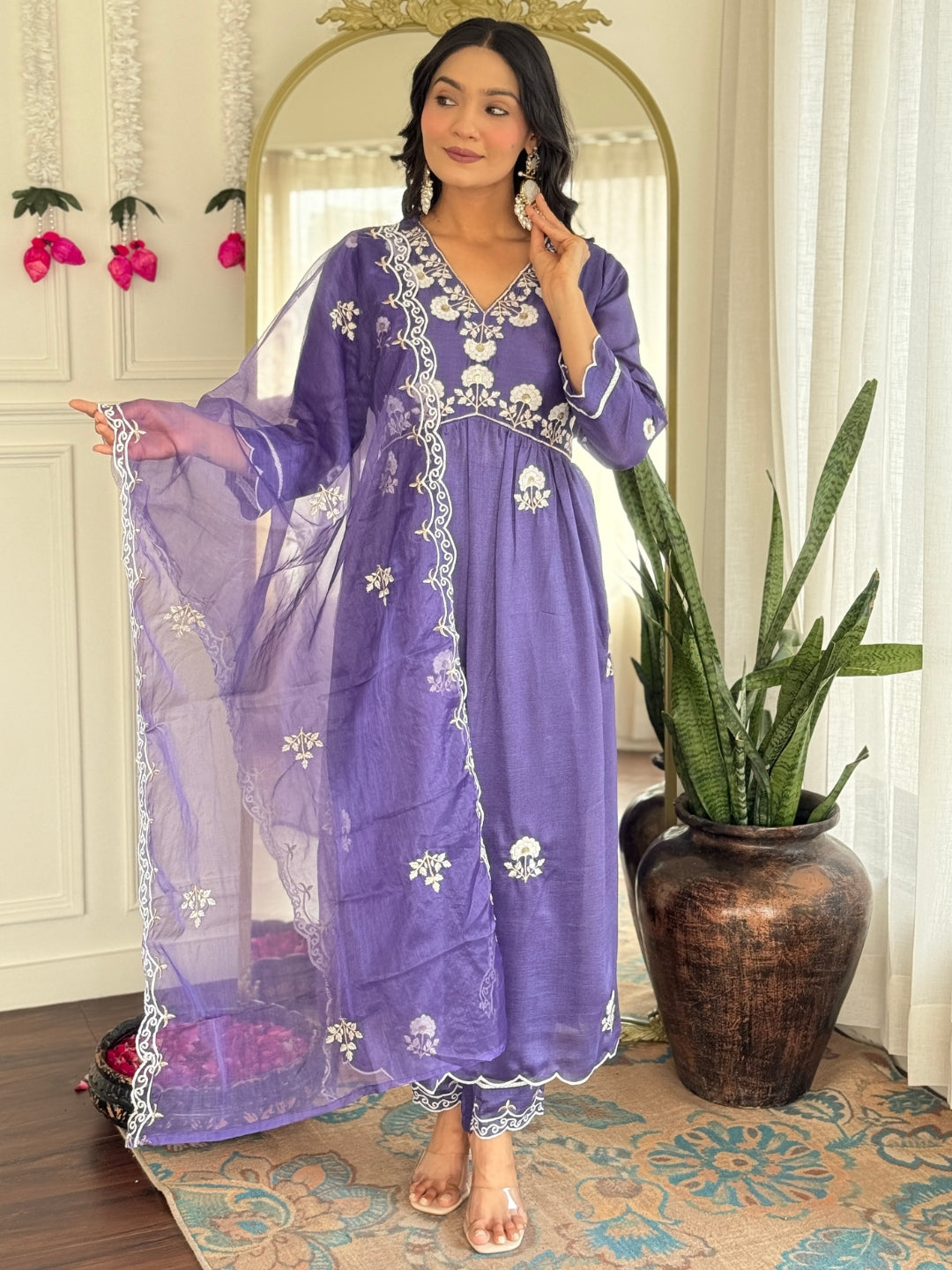 Lavender Vichitra Silk Elegant Kurta Pant Set With Embroidery Work