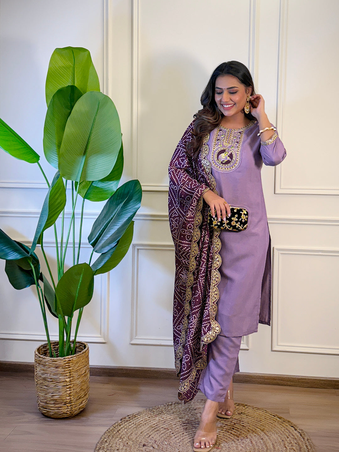 Lavender Viscose Elegant Kurta Pant Set With Embroidery Work