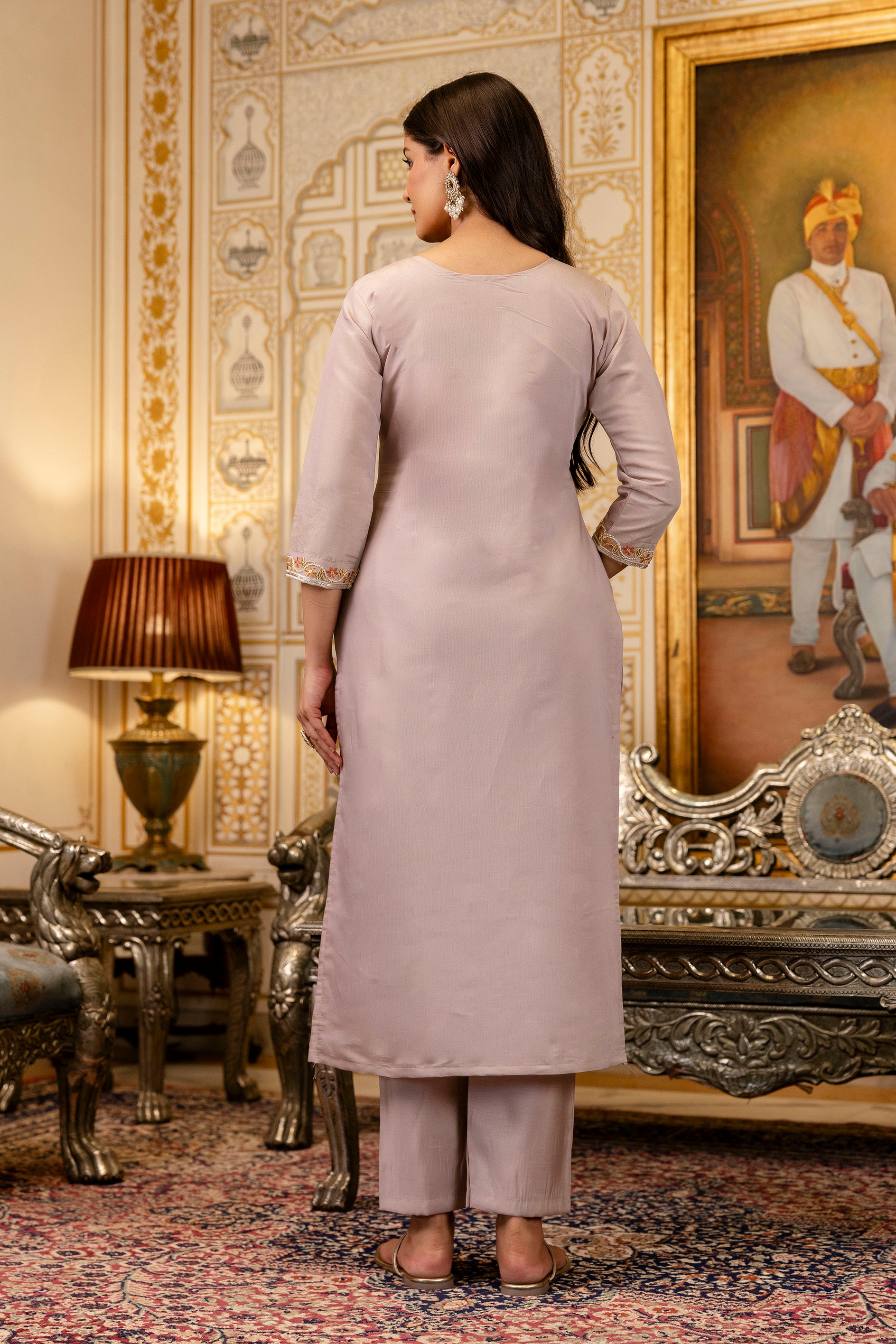 Lavender Viscose Simer Kurta Pant Set With Thread Embroidered With Beads Work With Printed Dupatta