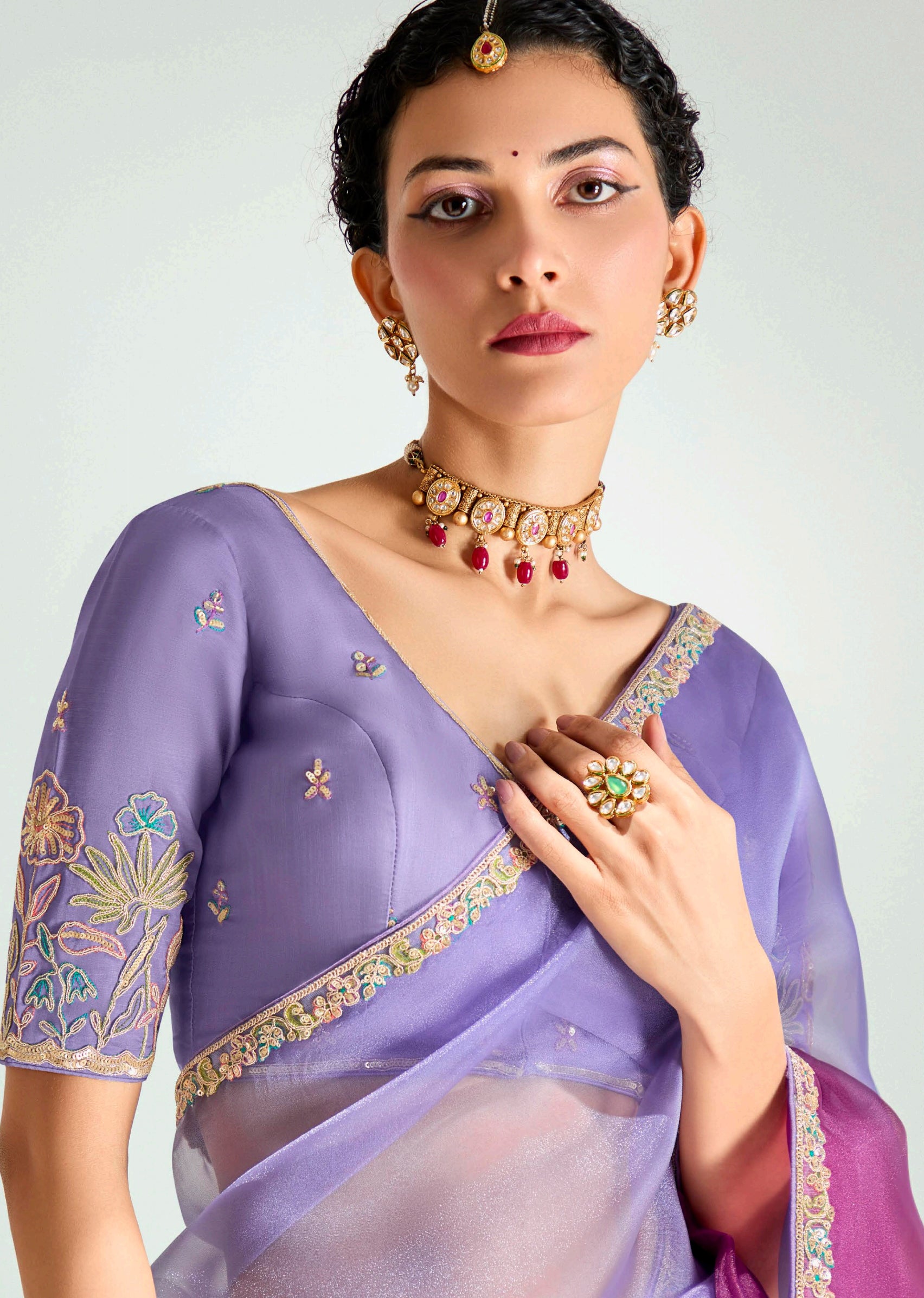 Lavender  Wine Organza Saree with Embroidered Blouse