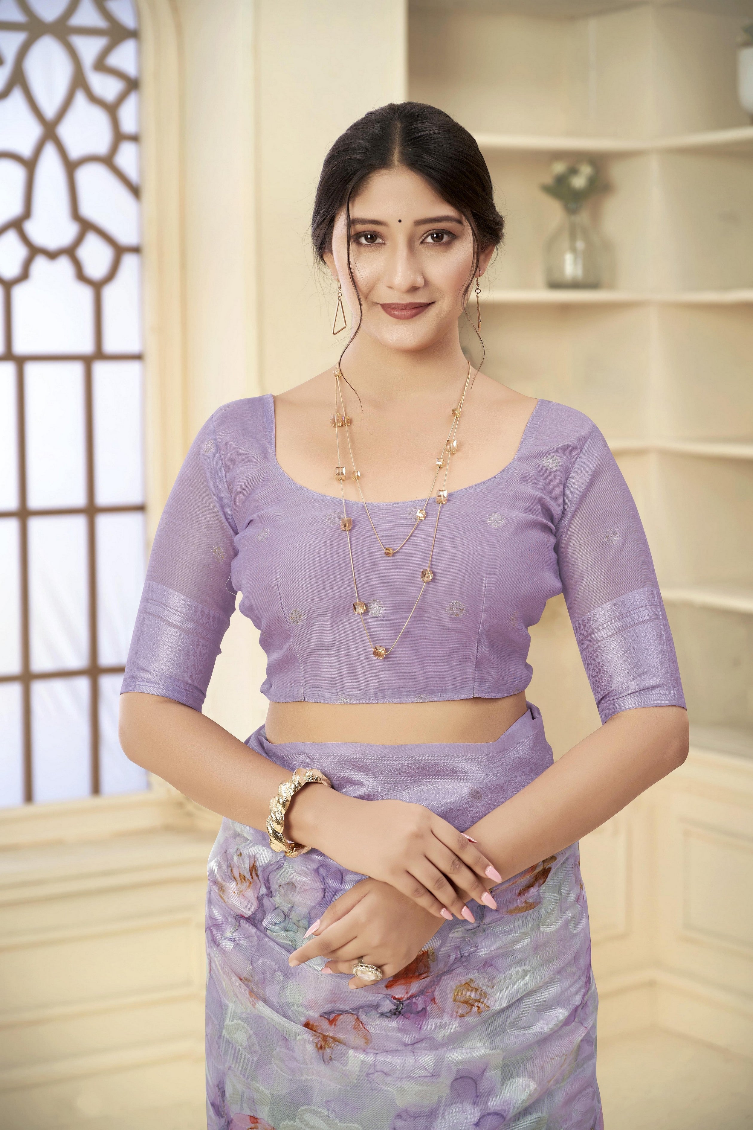 Lavender Woven Jacquard Designer With Printed Rich Silk Stylish Ceremonial Saree
