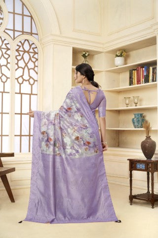 Lavender Woven Jacquard Designer With Printed Rich Silk Stylish Ceremonial Saree