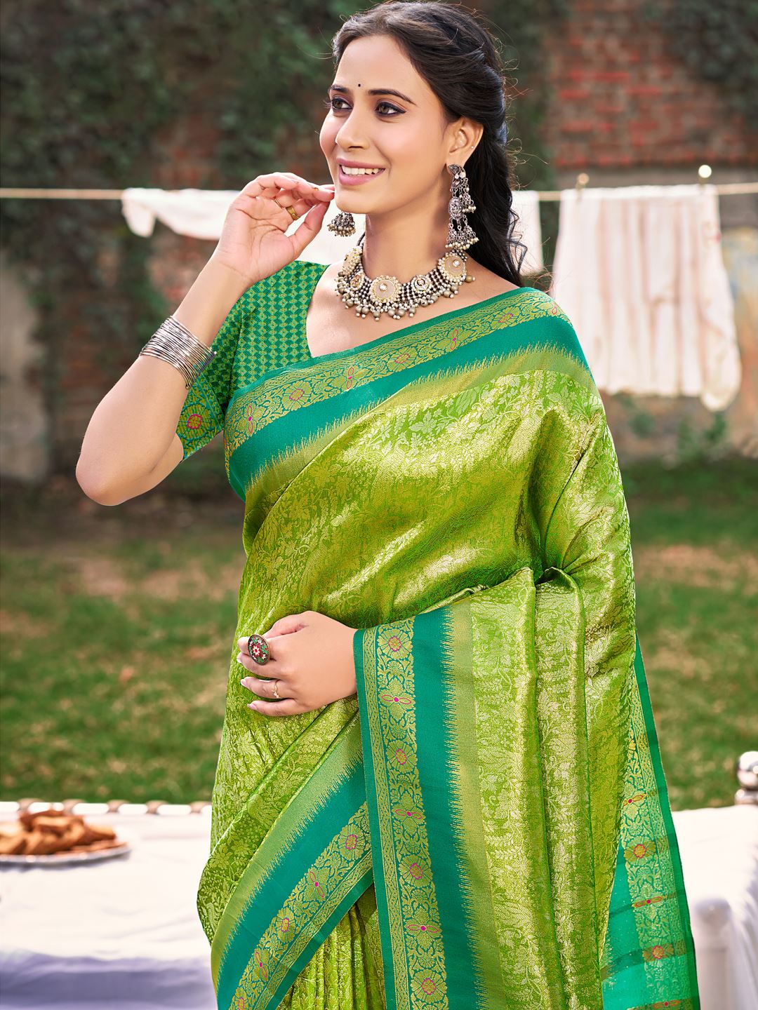 Leaf Green Banarasi Silk Woven Work Saree