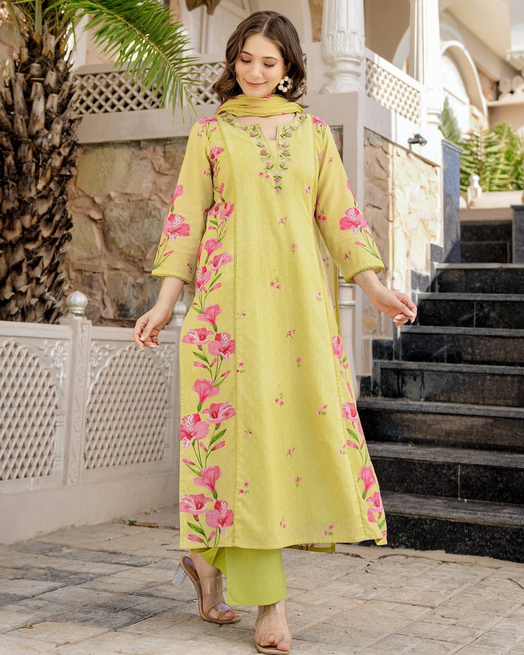 Lemon Chanderi Butti Kurta Pant Set  Printed