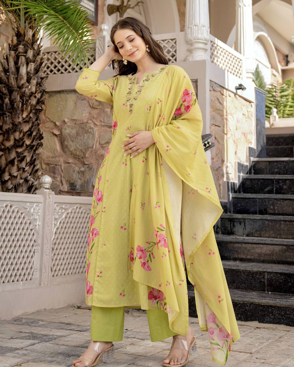 Lemon Chanderi Butti Kurta Pant Set  Printed