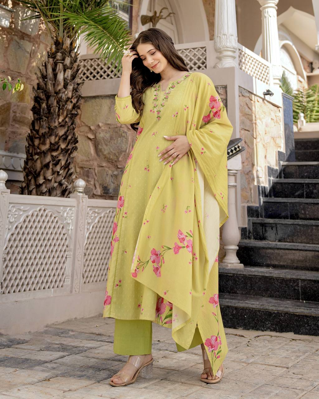 Lemon Chanderi Butti Kurta Pant Set  Printed