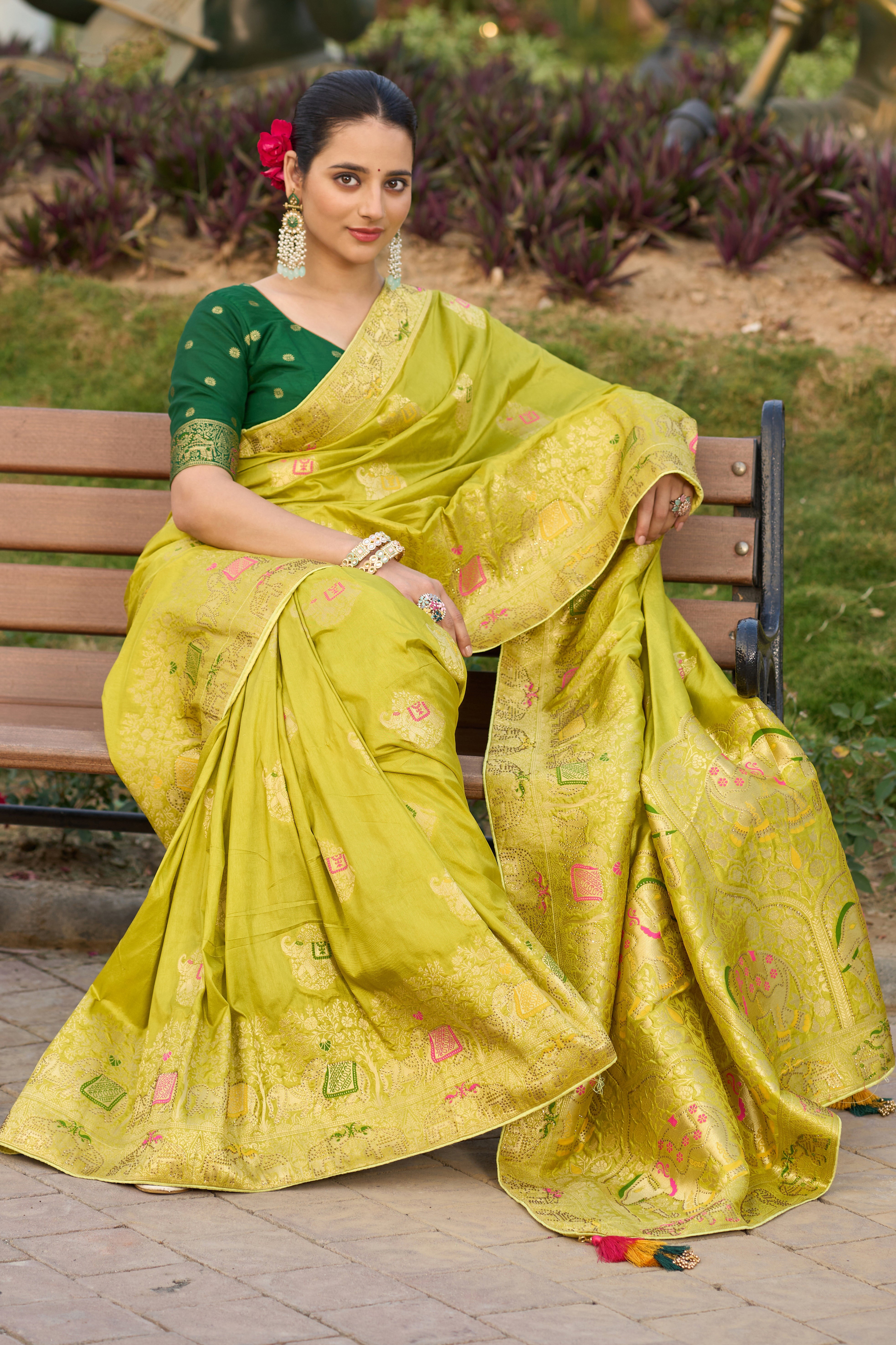 Lemon Color Pure Dola Silk Saree With  Jacquard Woven Work