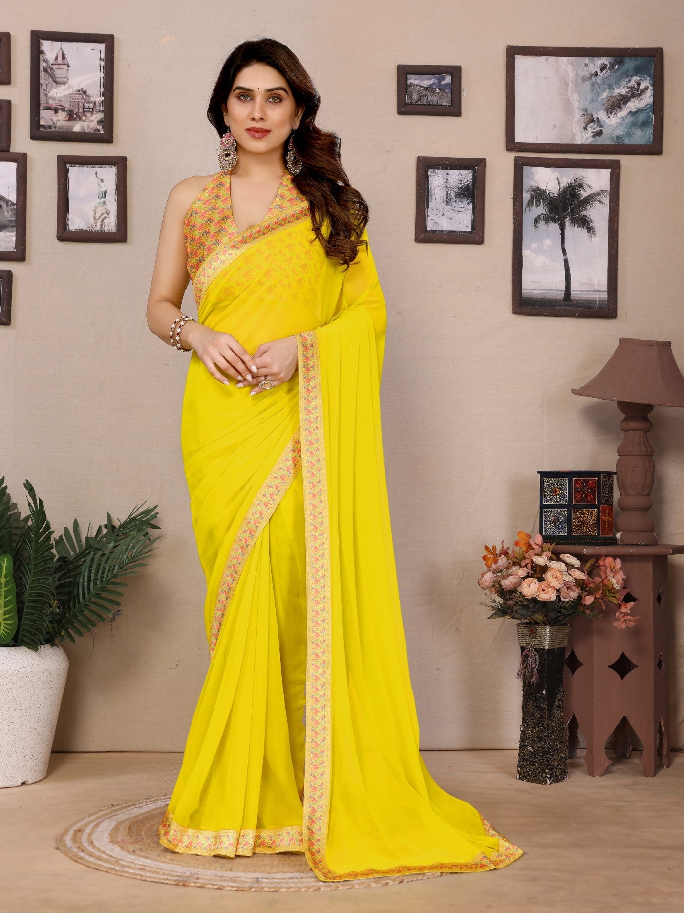 Lemon Georgette Saree With Plain Design And Digital Print Blouse