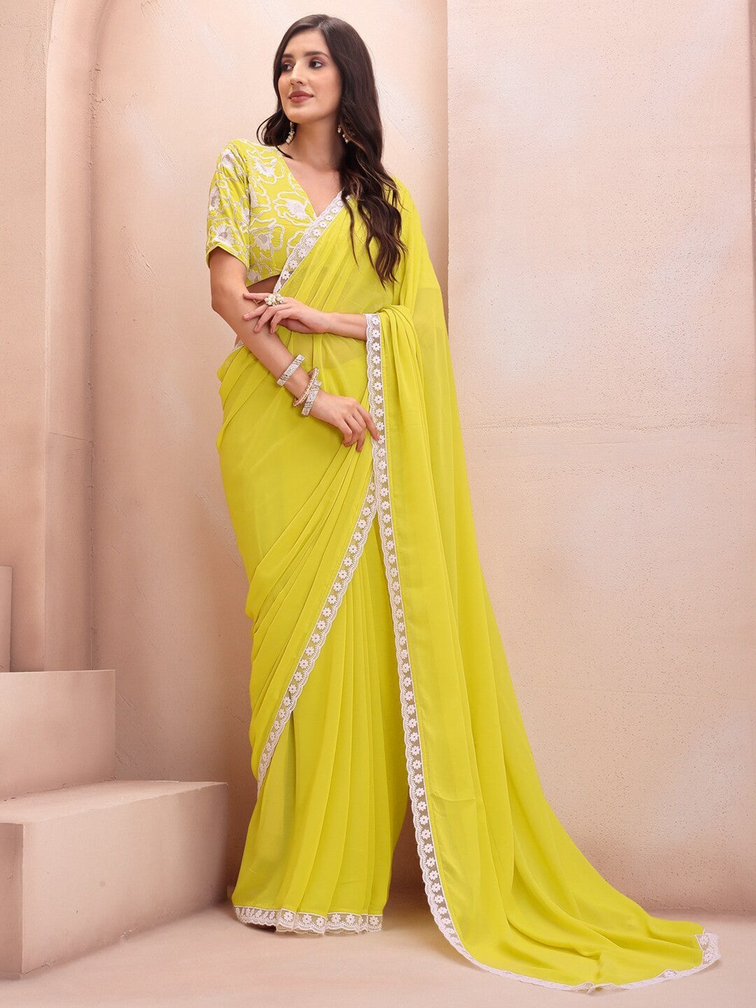Lemon Georgette Saree With Plain Saree With Embroidery Cut Work Lace With Embroidery Work Blouse