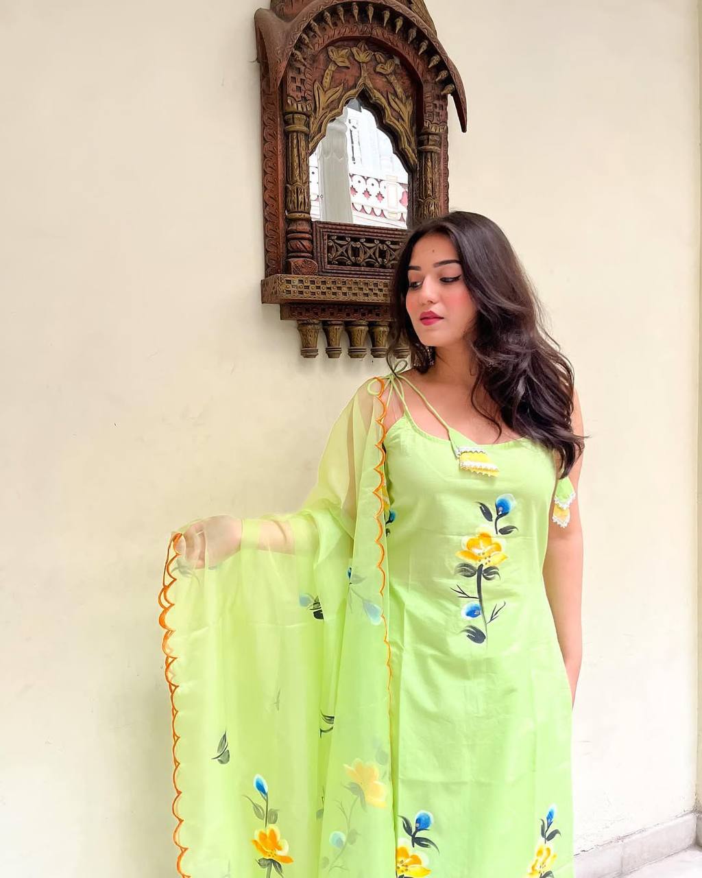 Lemon Green Viscose Twill Kurta Pant Set  Printed