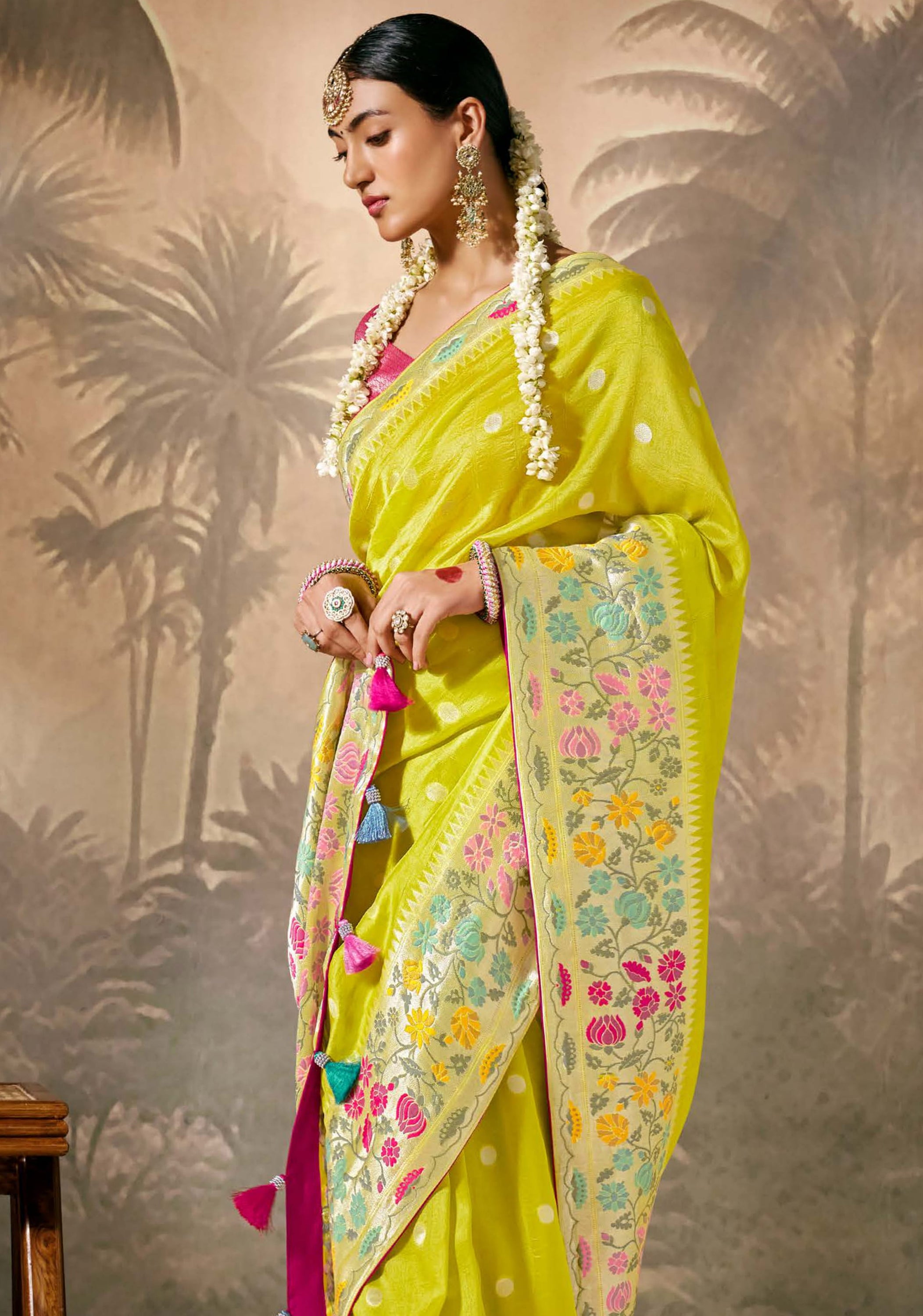 Lemon Silk Saree With  Jacquard Woven