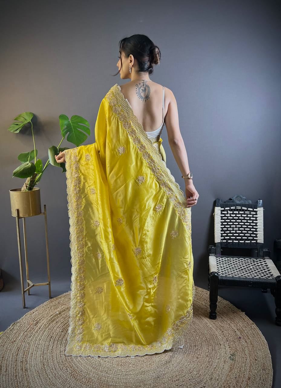 Lemon Yellow Colour Gold Crush Embroidery Work Saree
