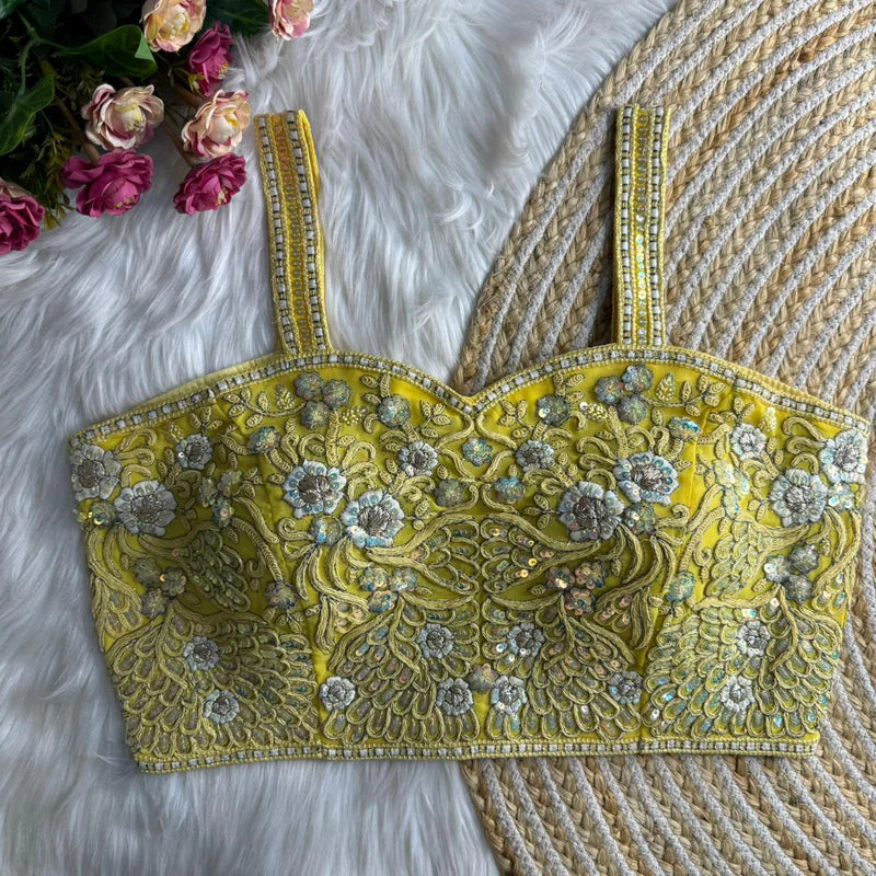 Lemon Yellow Womens Spaghetti Western Designer Blouse  Fox Georgette Embroidered & Sequins Partywear
