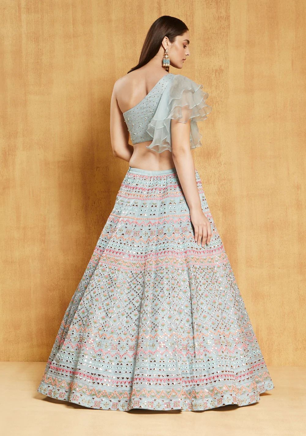 Light-Turquoise Lehenga Choli With Zari, Dori and Sequence Embroidery Work