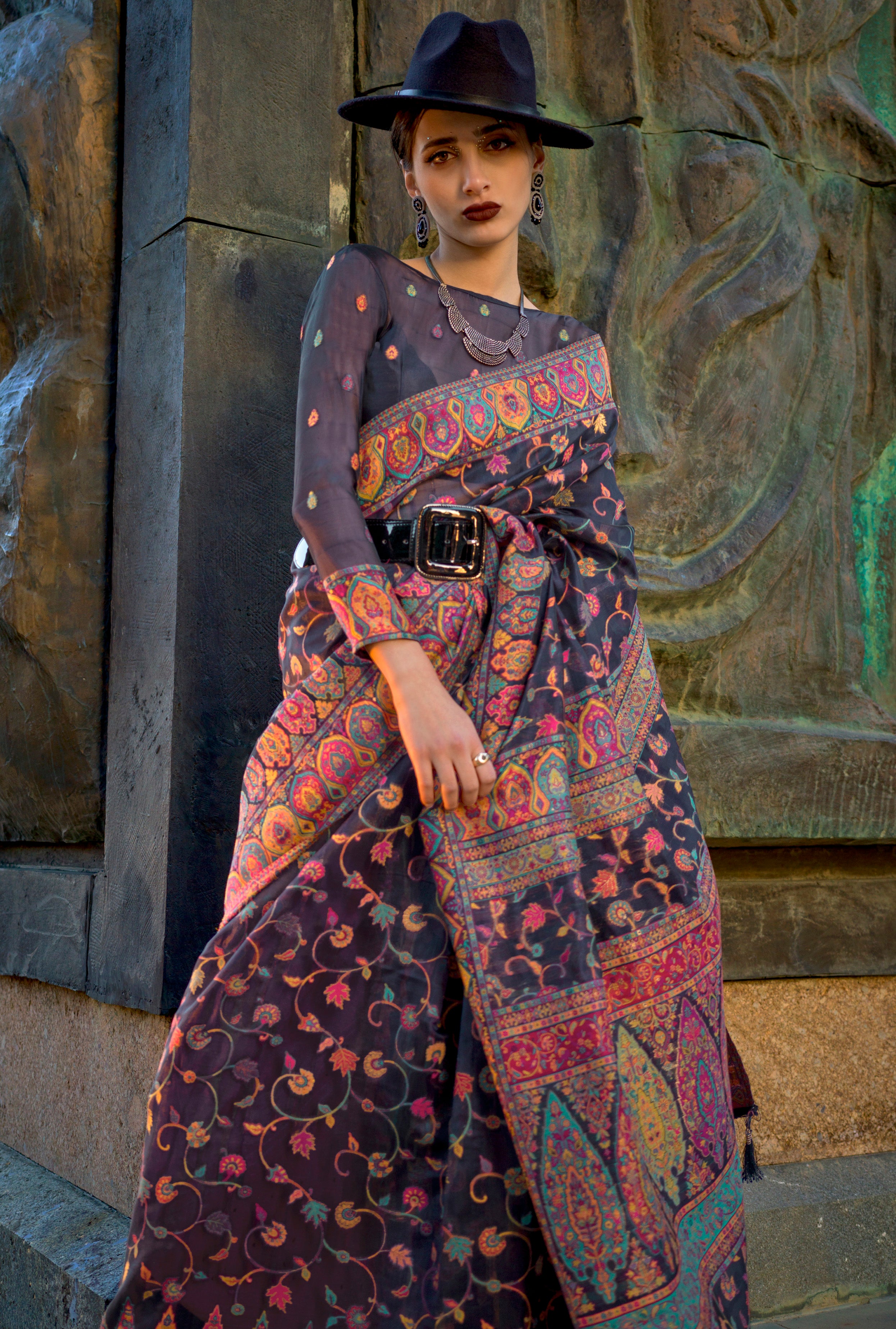 Light Black Handloom Organza Saree With  Handloom Kashmiri Jacquard Woven Work
