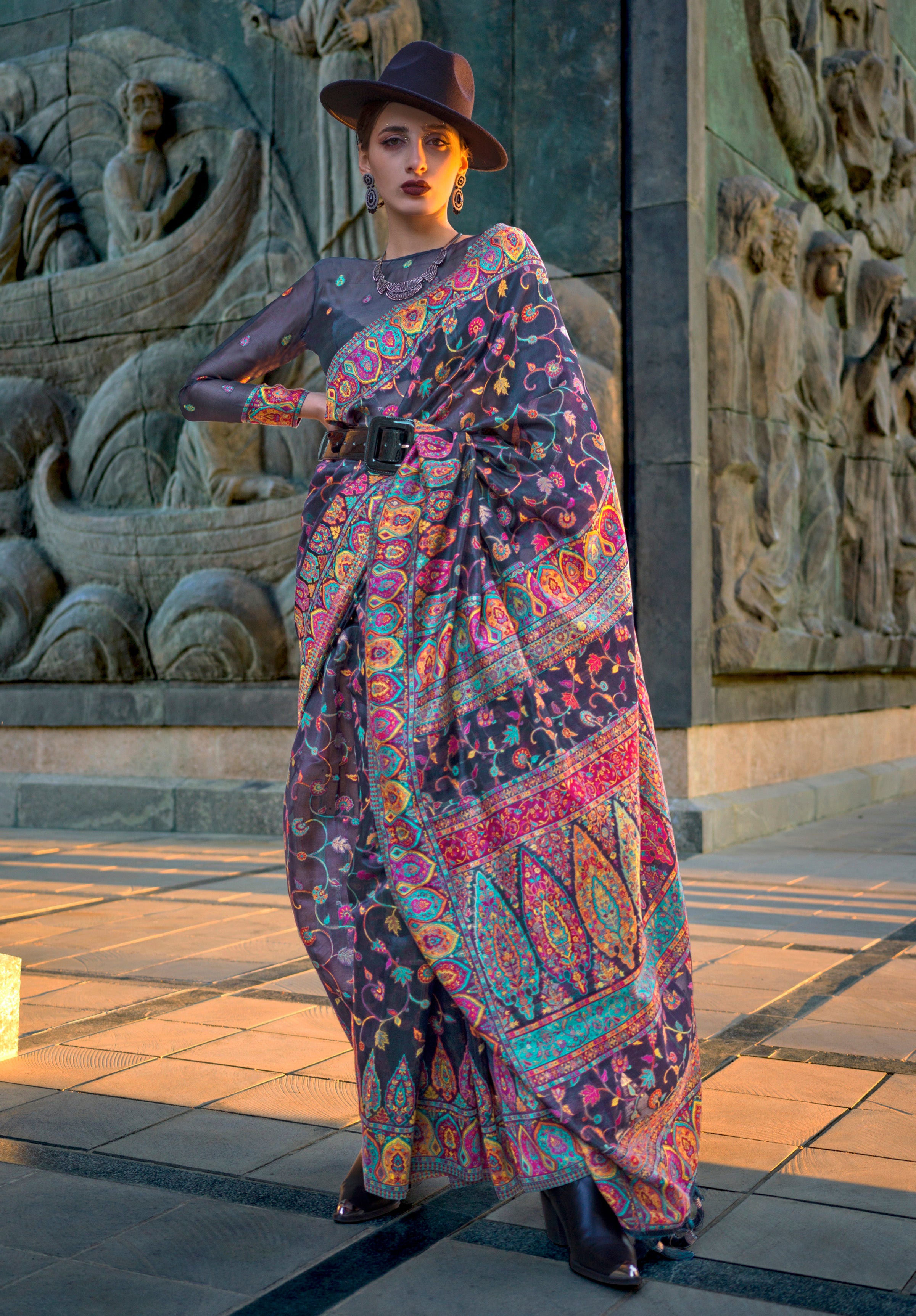 Light Black Handloom Organza Saree With  Handloom Kashmiri Jacquard Woven Work