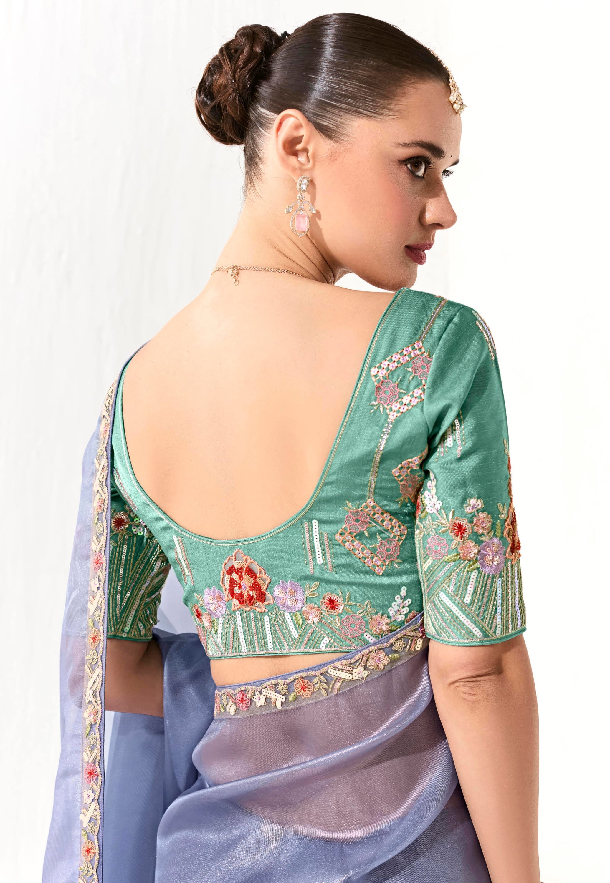 Light Blue Organza Tissue Saree With  Heavy Work Border With Embroidered Blouse