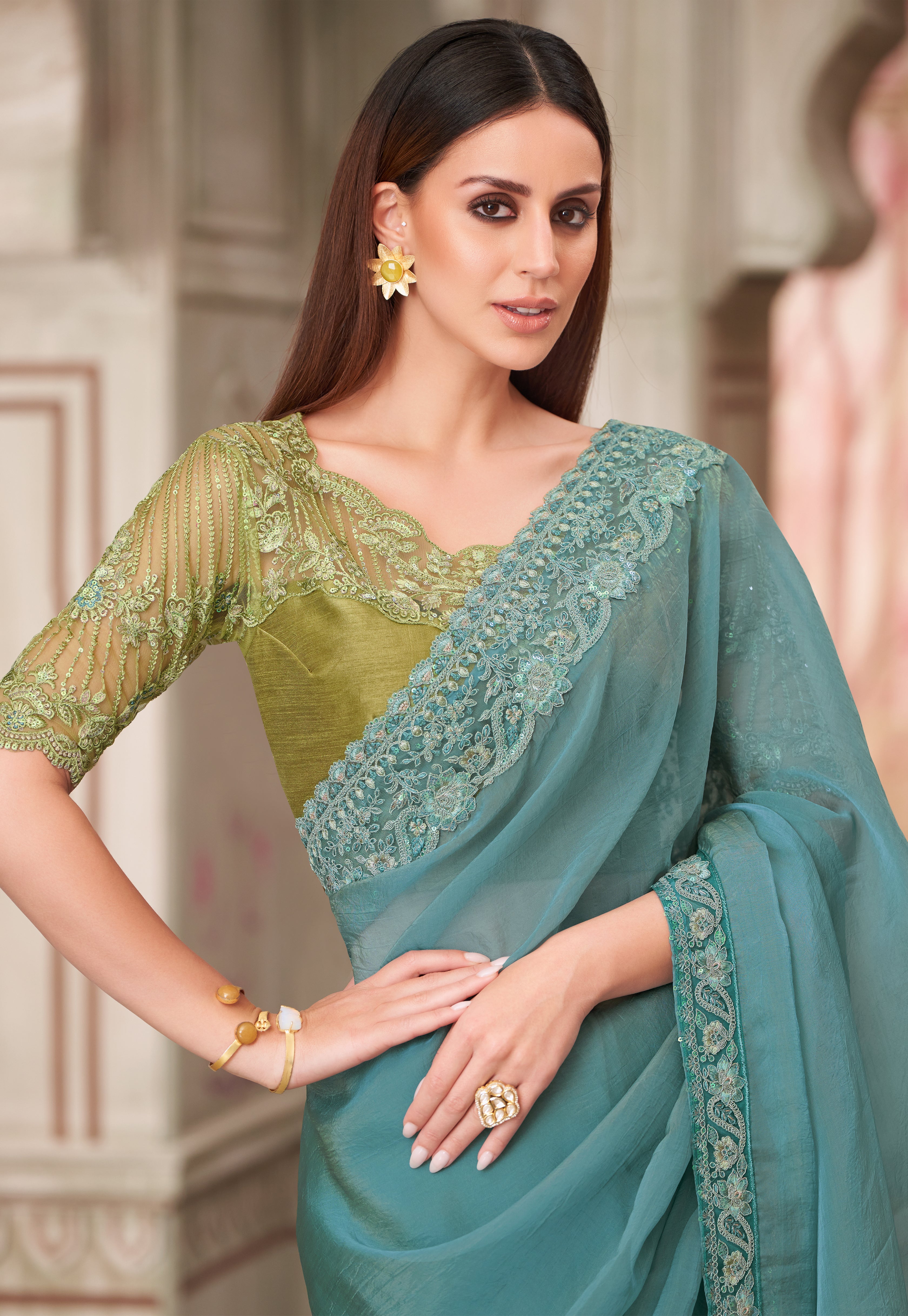 Light Blue Saree With  Heavy Thread Embroidery Sequins Border Work With Embroidery Blouse