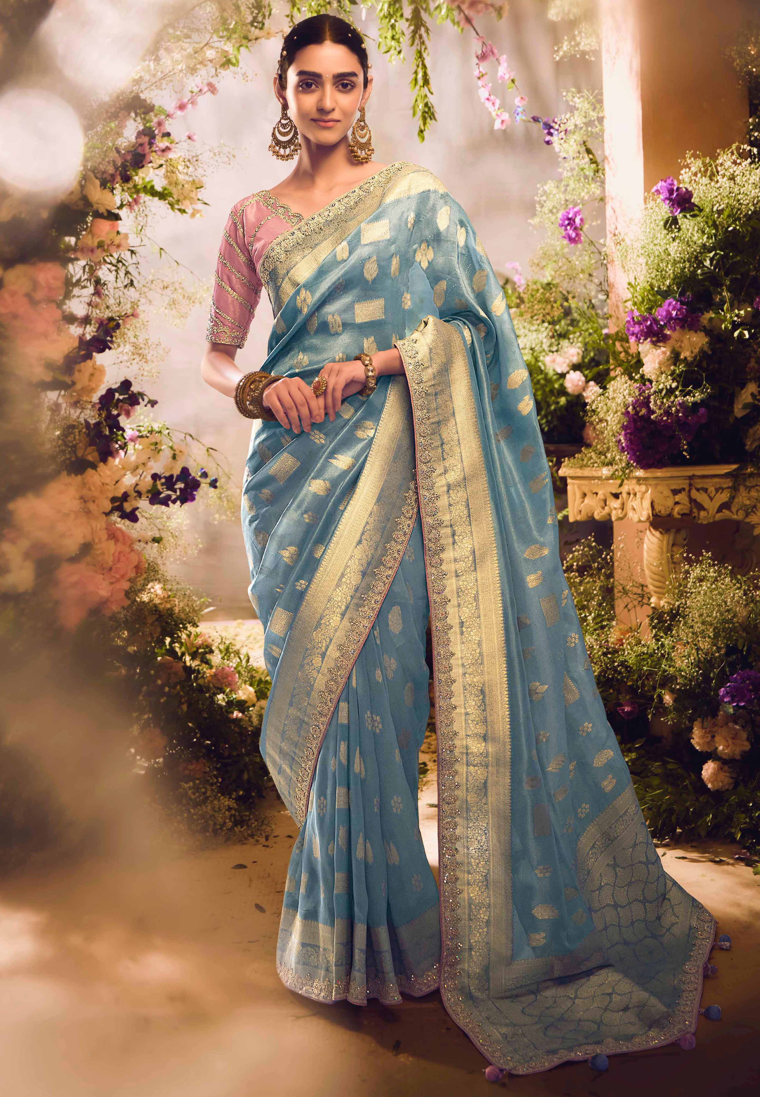 Light Blue Saree With  Jacquard Woven Work with Embroidered Lace Border
