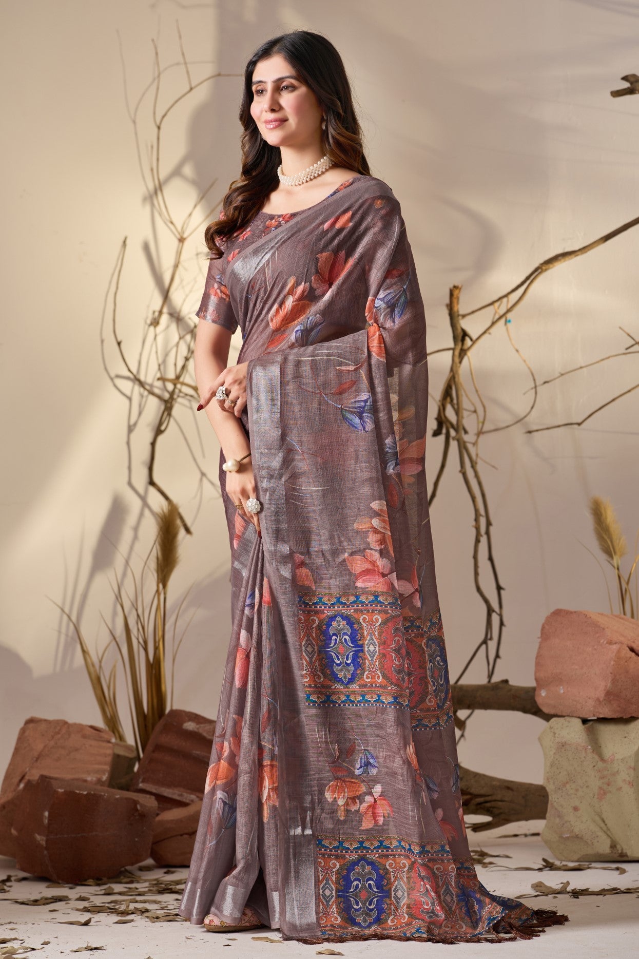 Light Brown Linen Cotton Saree With Digital Printed Classic Traditional Design