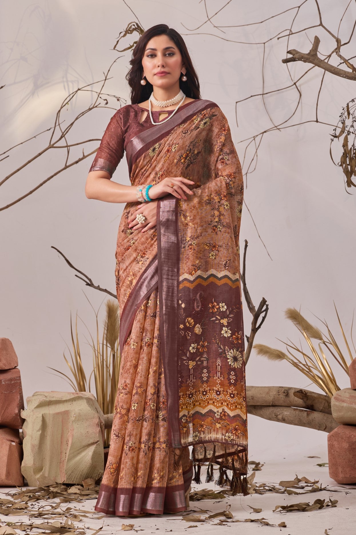 Light Brown Linen Cotton Saree with Digital Print