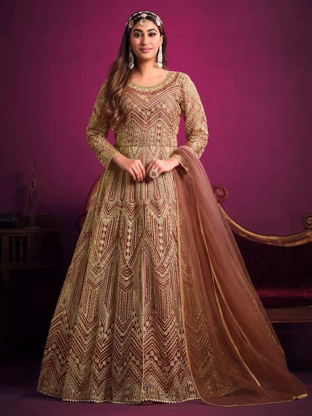 Light Brown Net Heavy Thread Embroidery, Zari With Sequins Work  Anarkali Suits