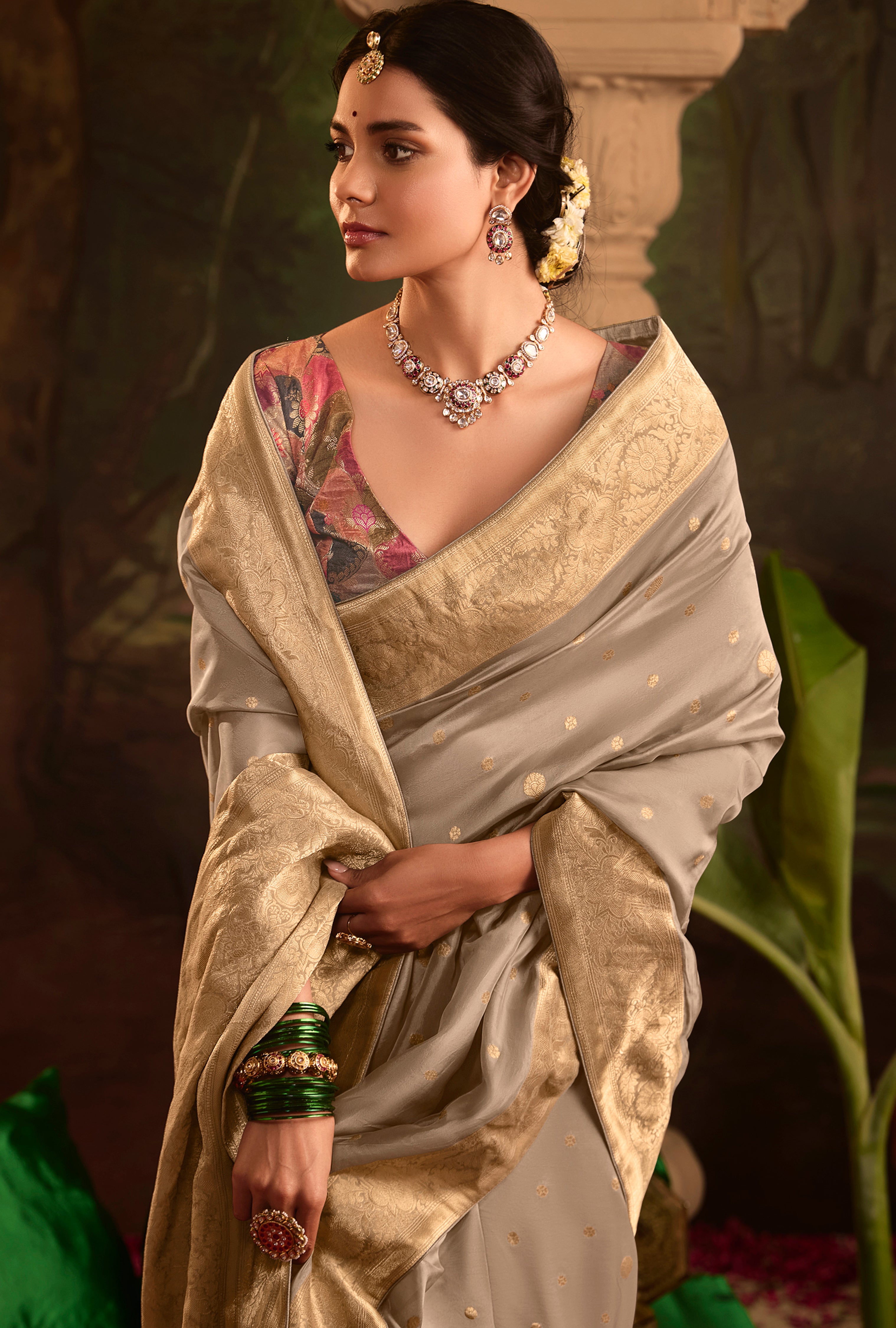 Light Brown Pure Crepe Dola Silk Saree With Jacquard Woven Work