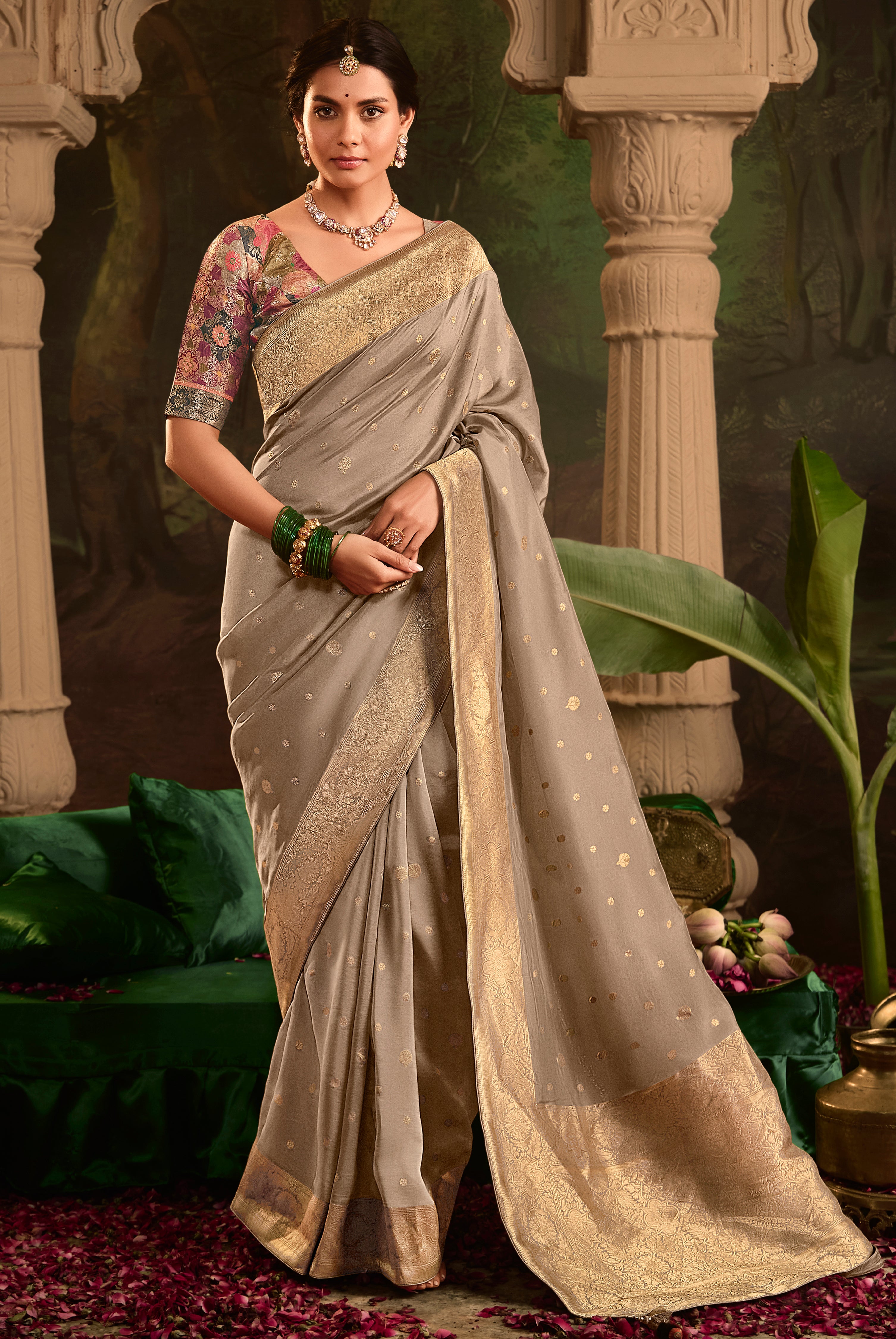 Light Brown Pure Crepe Dola Silk Saree With Jacquard Woven Work