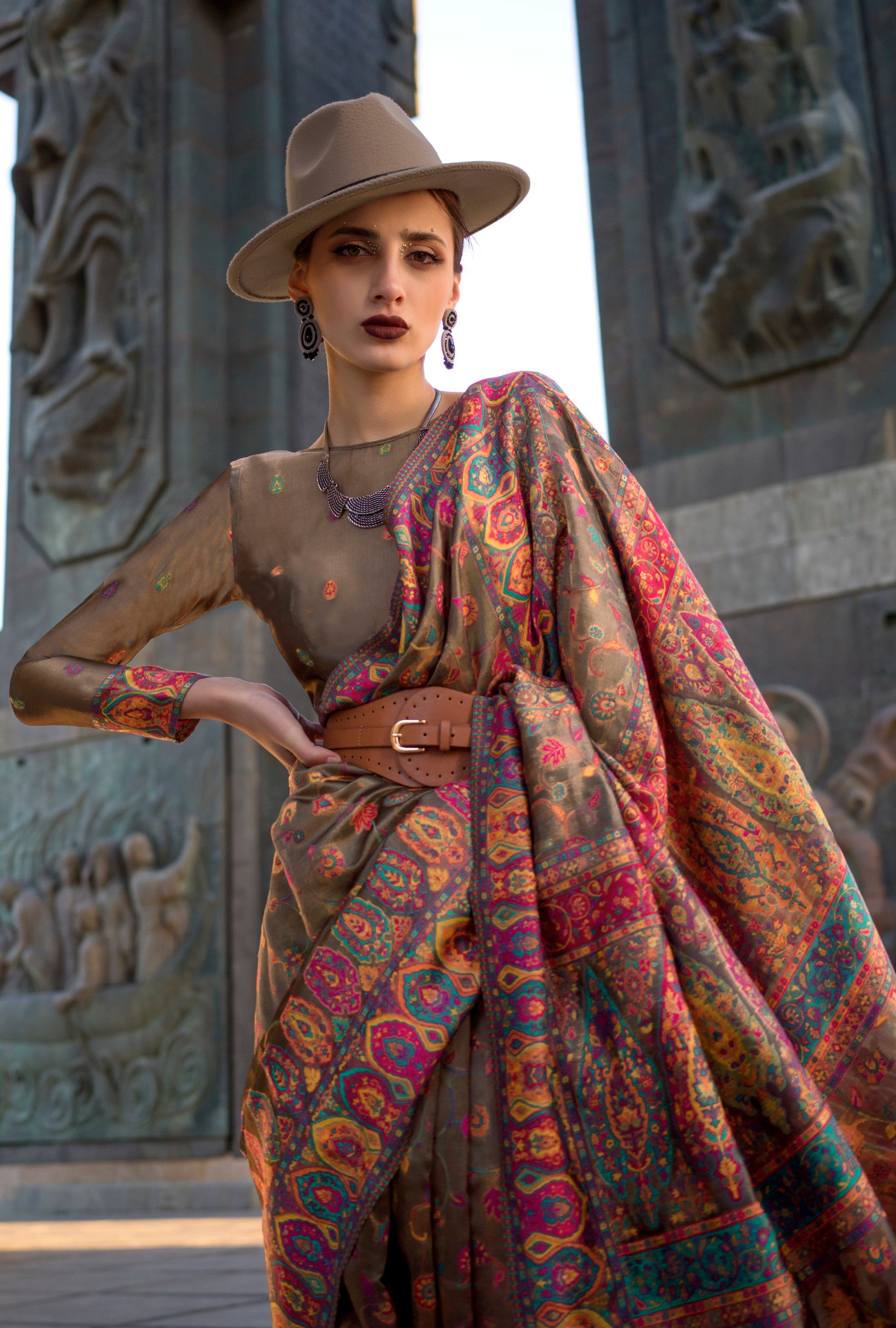 LightCoffee Handloom Organza Saree With  Handloom Kashmiri Jacquard Woven Work