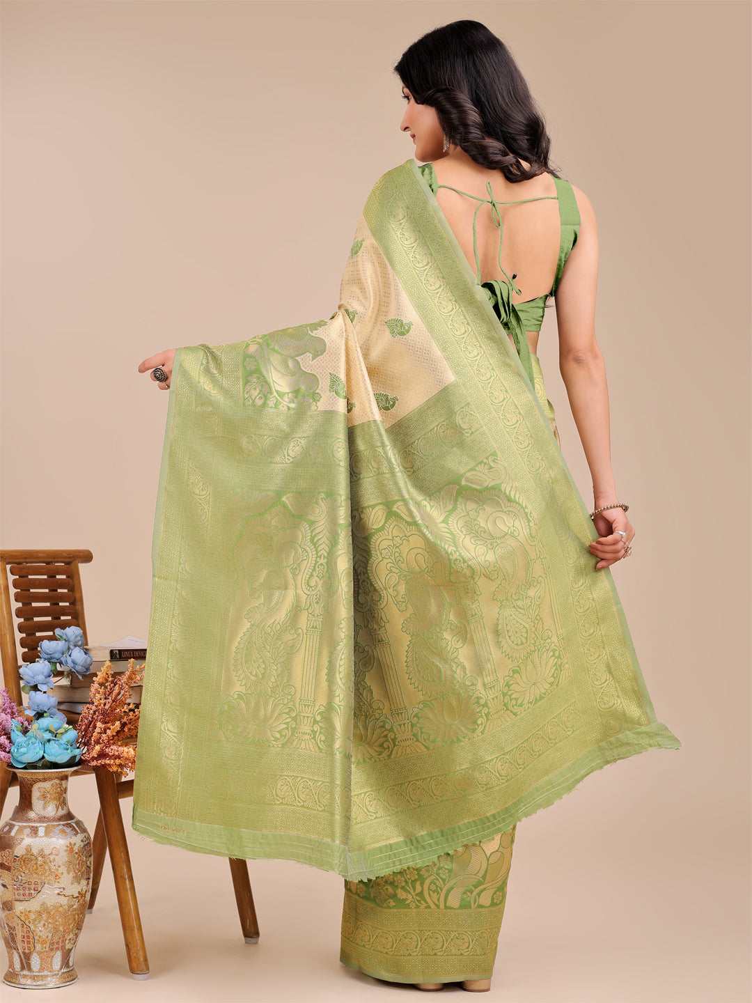 Light Green Banarasi Silk Woven Jacquard Designer Graceful Ceremonial Saree