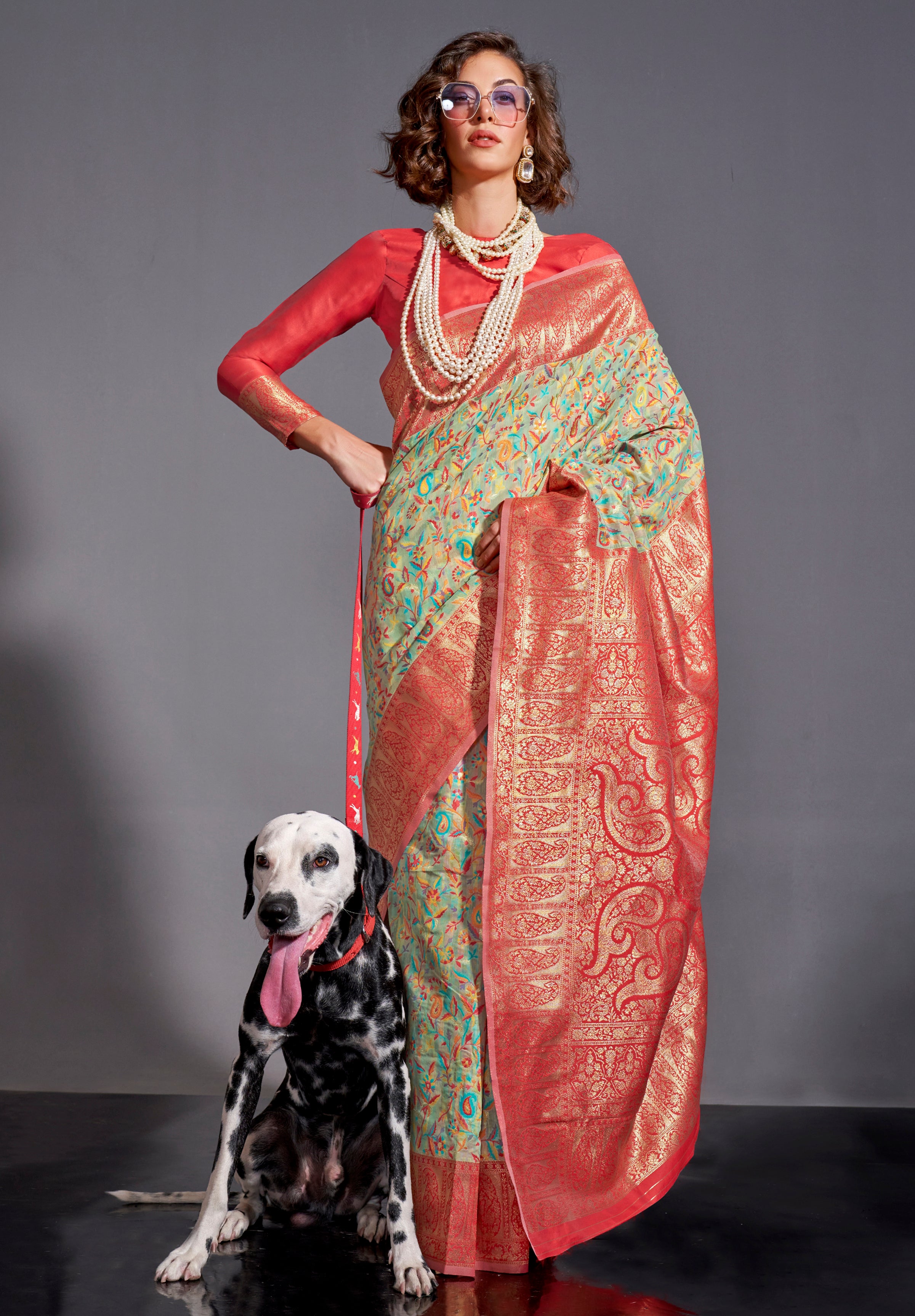 Light Green Kashmiri Silk Saree With  Kashmiri Chaap Jacquard Woven Work