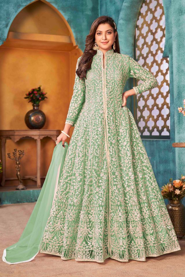 Light Green Net Heavy Thread Embroidery With Sequins Work  Anarkali Suits
