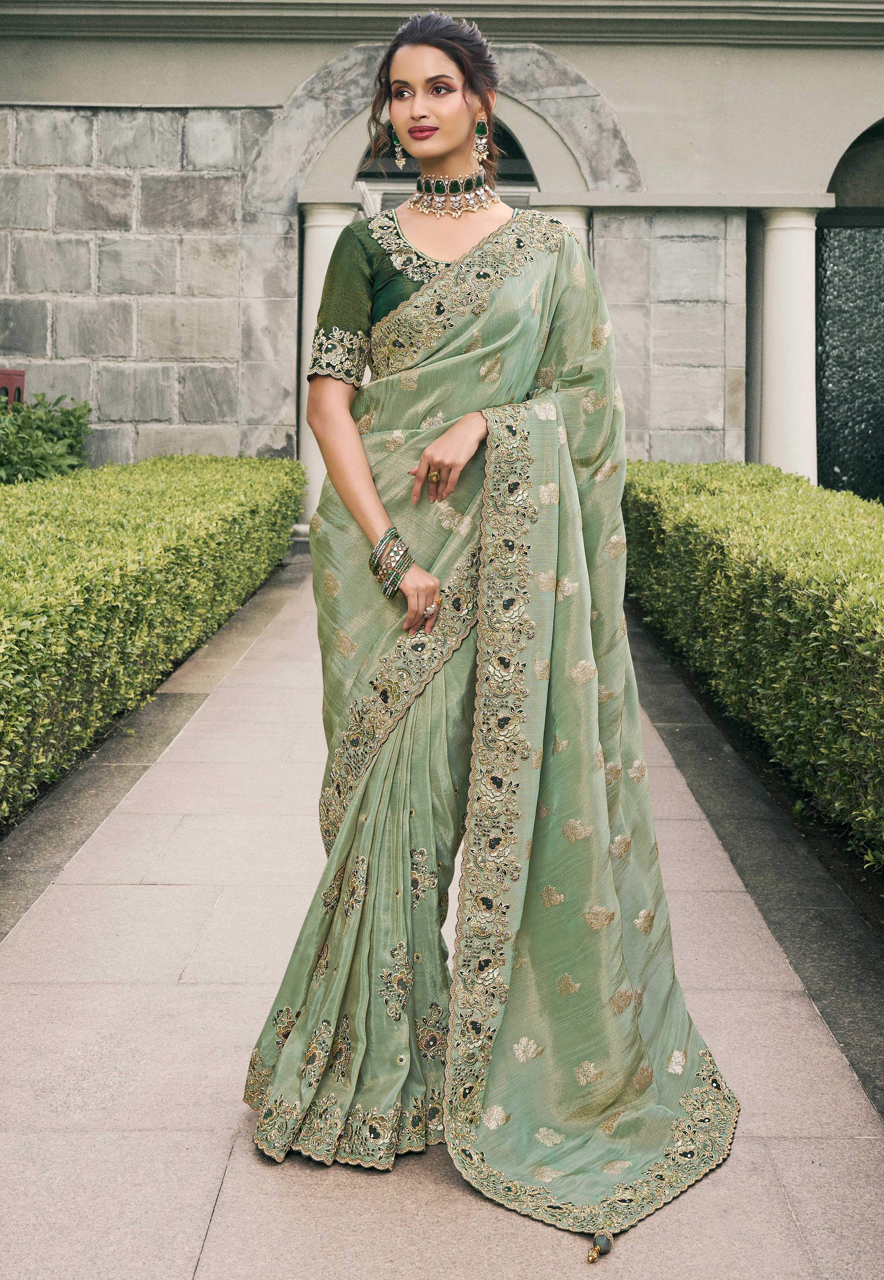Light Green Saree With  Heavy Thread Embroidery, Stone, Pearl, Real Mirror Work