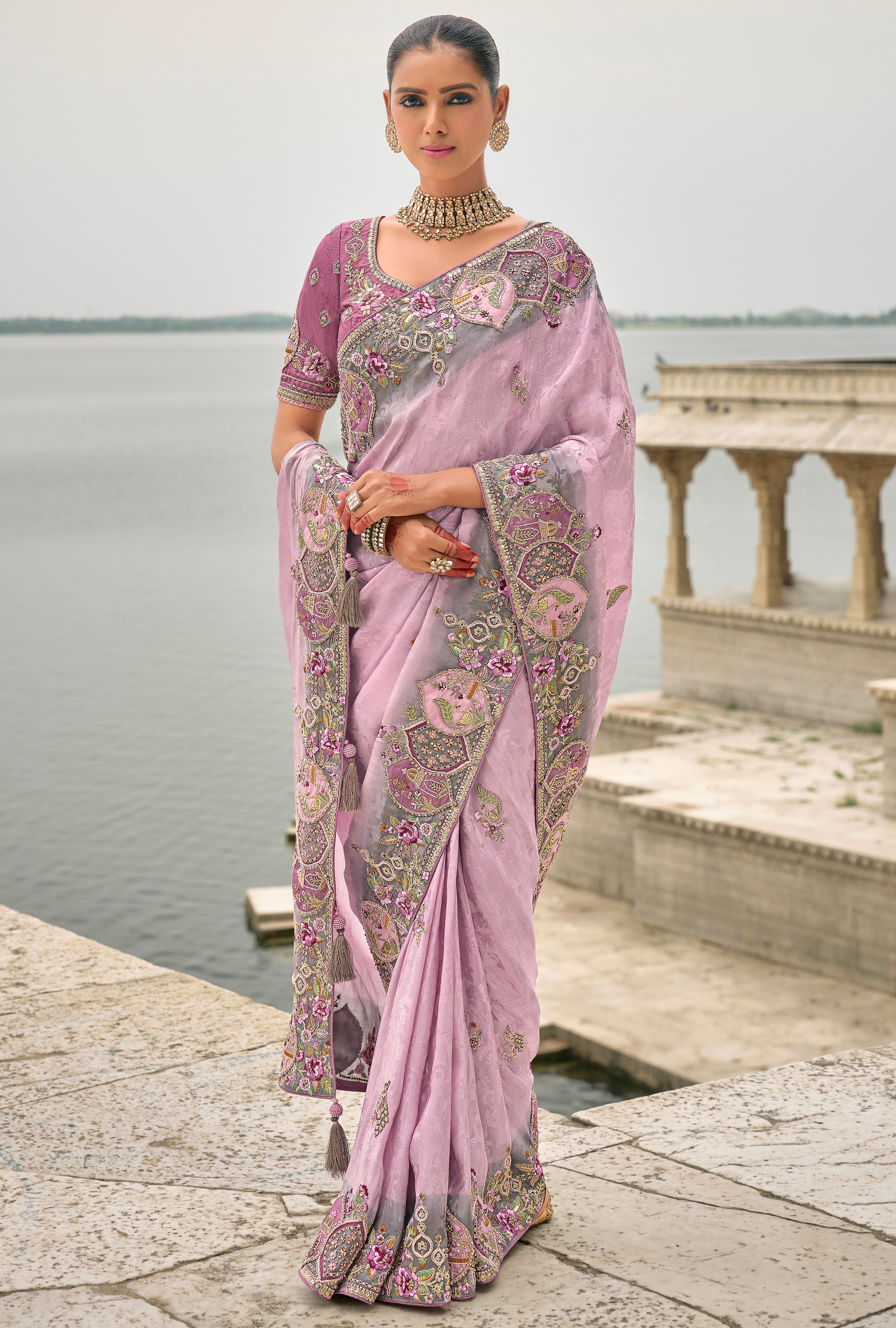 Light Lavender Jacquard Saree With  Heavy Thread Embroidery and Sequins Work