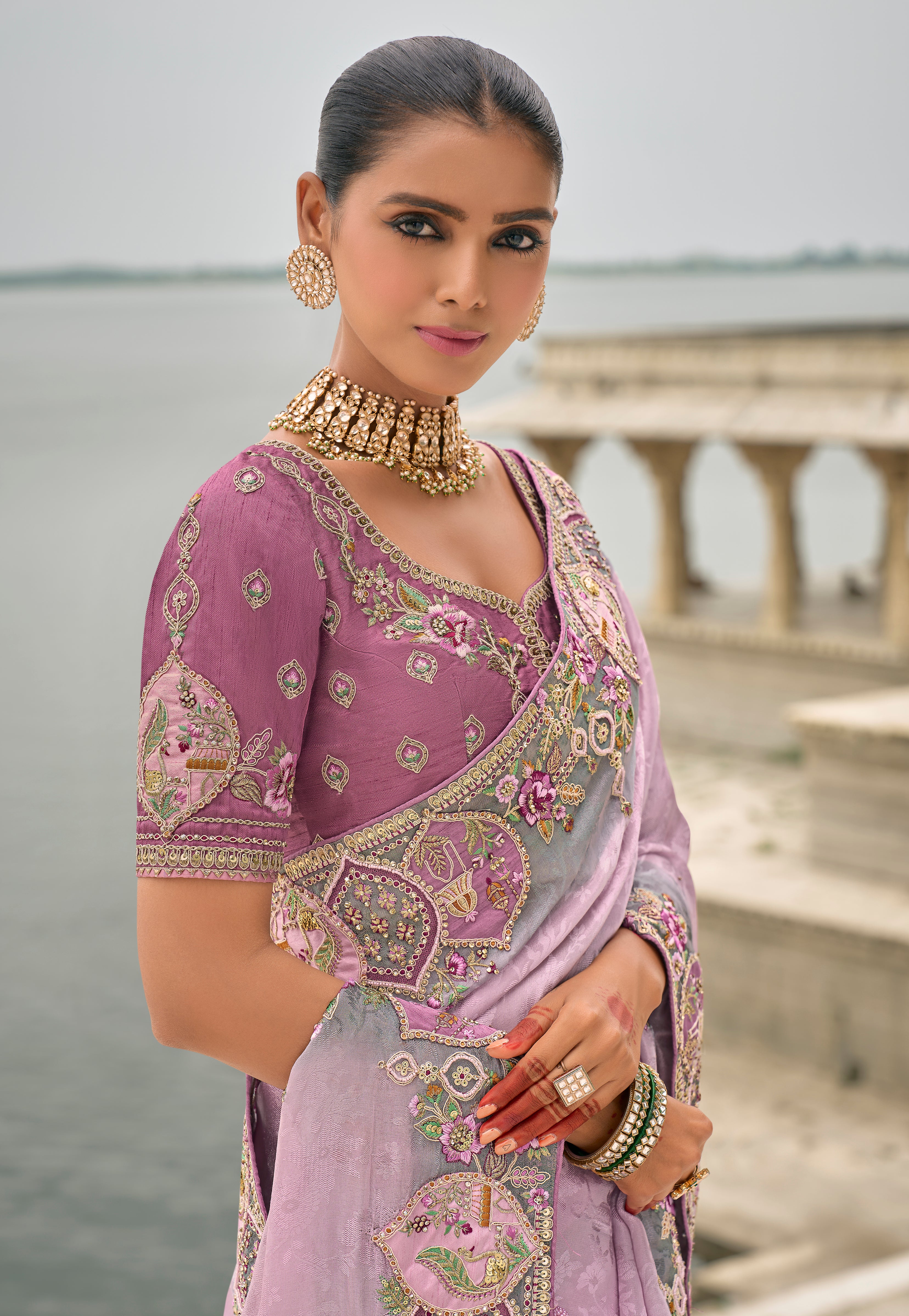 Light Lavender Jacquard Saree With  Heavy Thread Embroidery and Sequins Work