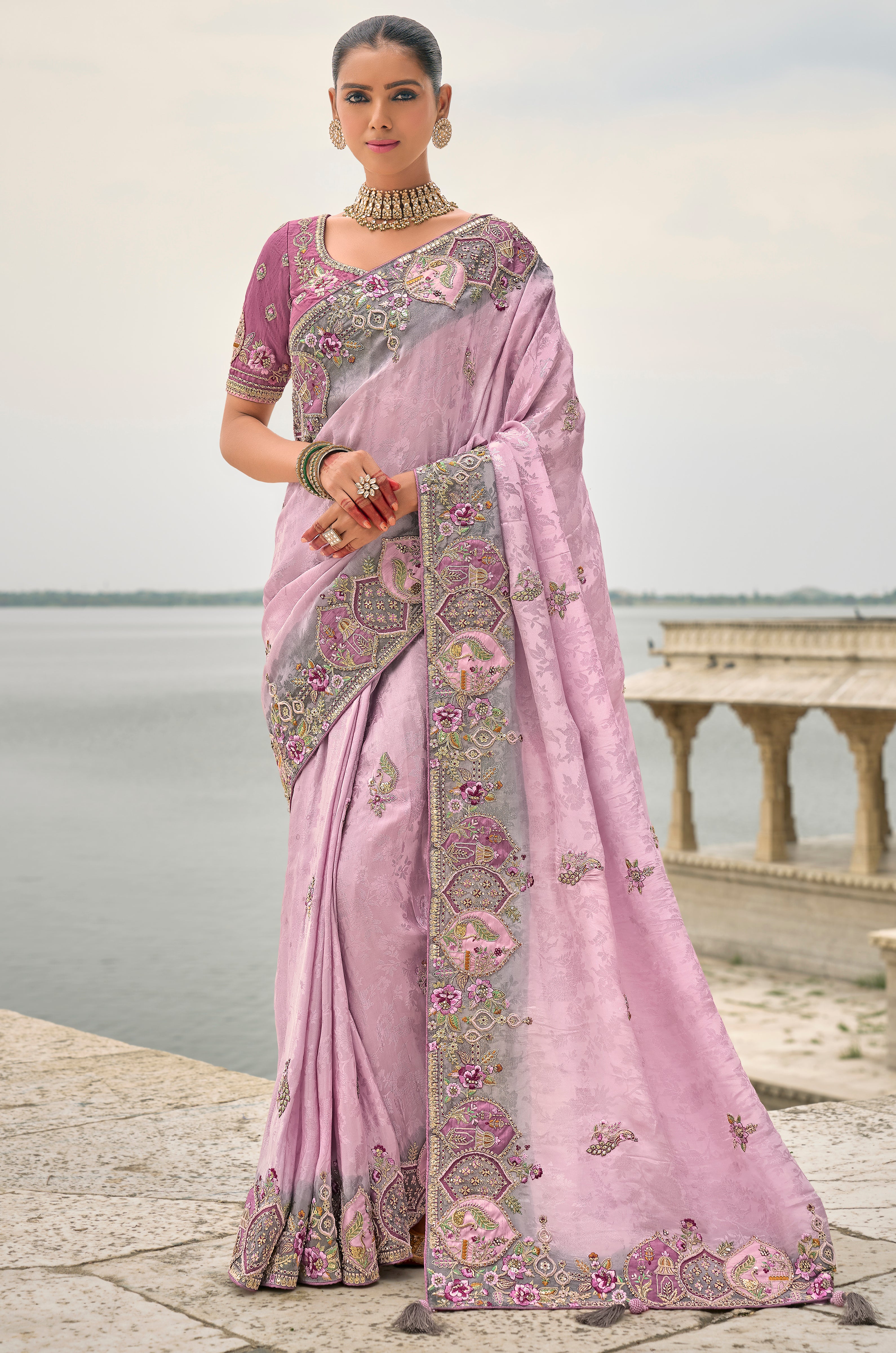 Light Lavender Jacquard Saree With  Heavy Thread Embroidery and Sequins Work