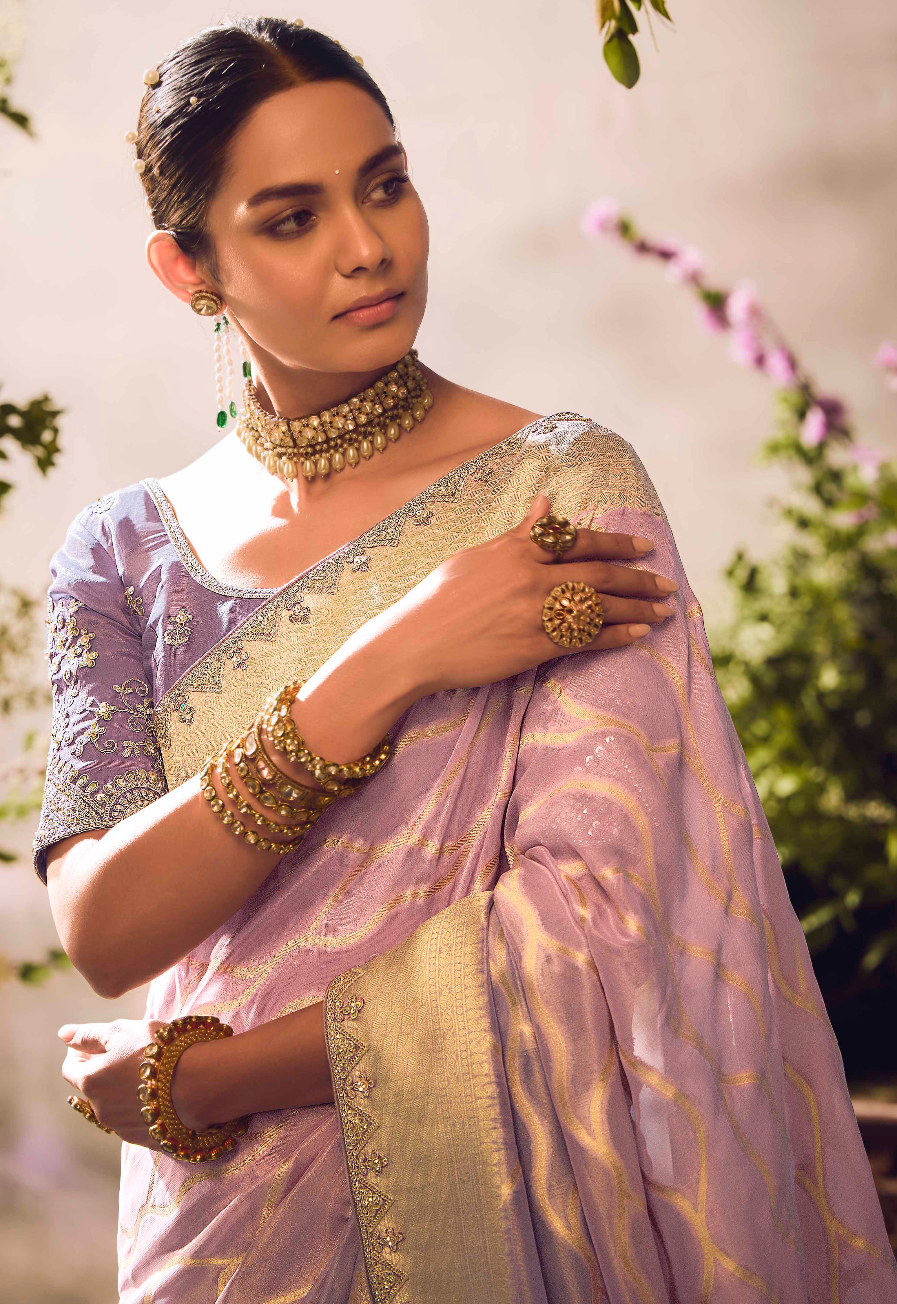 Light Mauve Saree With  Jacquard Woven Work with Embroidered Lace Border