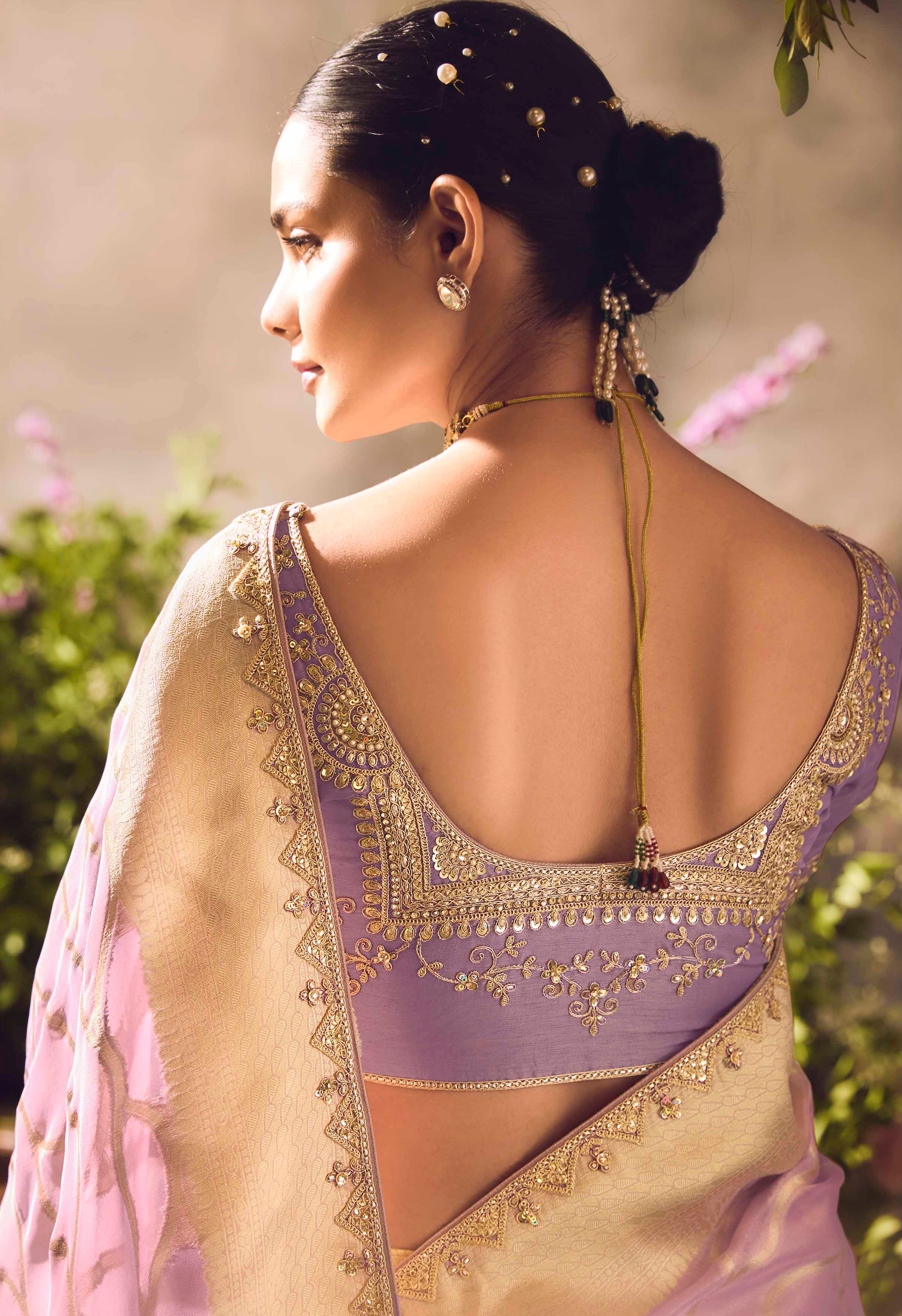 Light Mauve Saree With  Jacquard Woven Work with Embroidered Lace Border