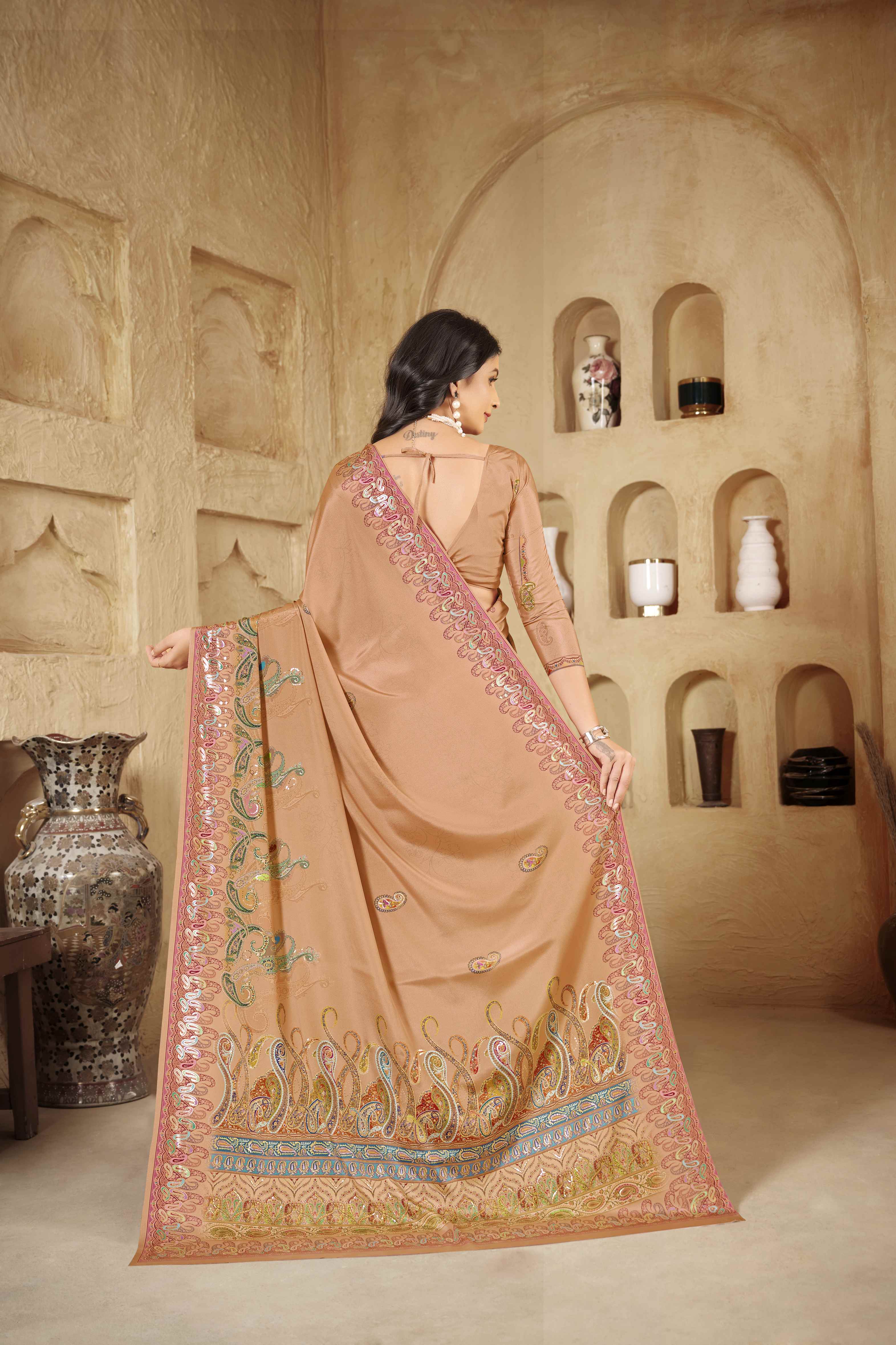 Light Peach Designer Position Digital Foil Printed Crepe Silk Ethnic Festive Saree