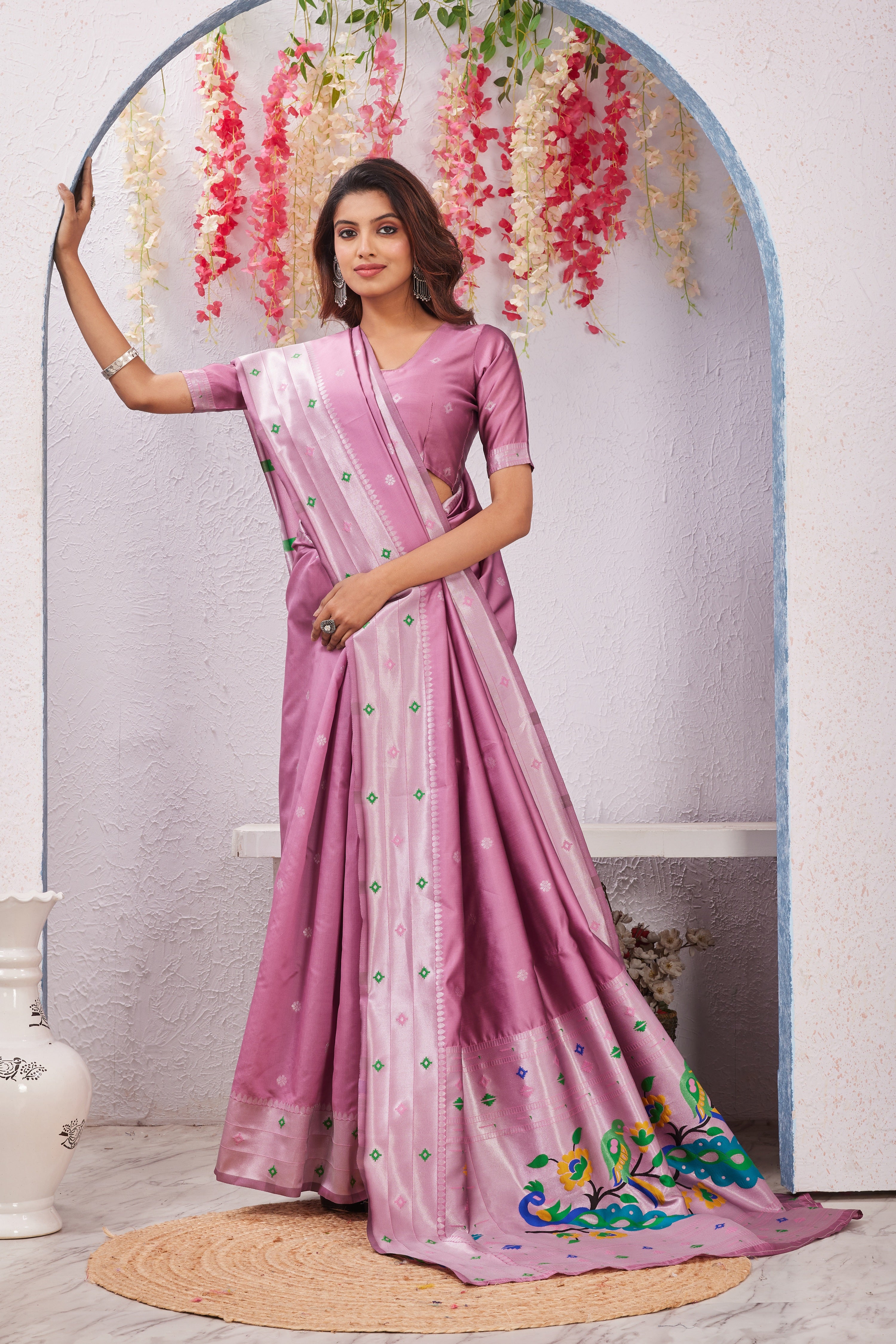 Light Pink Banarasi Silk Saree with Peacock Motif, Rich Pallu & Jacquard Jari Work