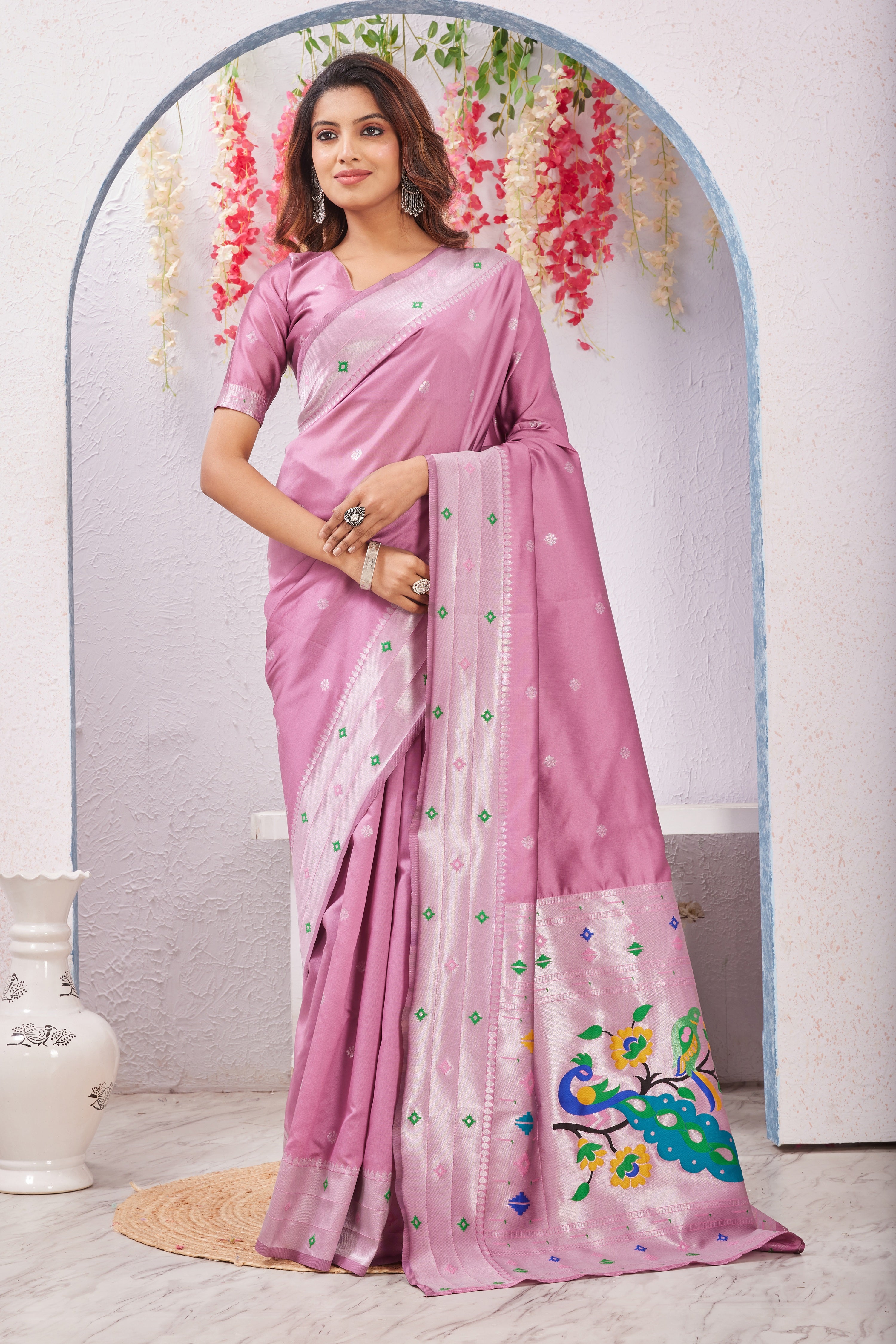 Light Pink Banarasi Silk Saree with Peacock Motif, Rich Pallu & Jacquard Jari Work