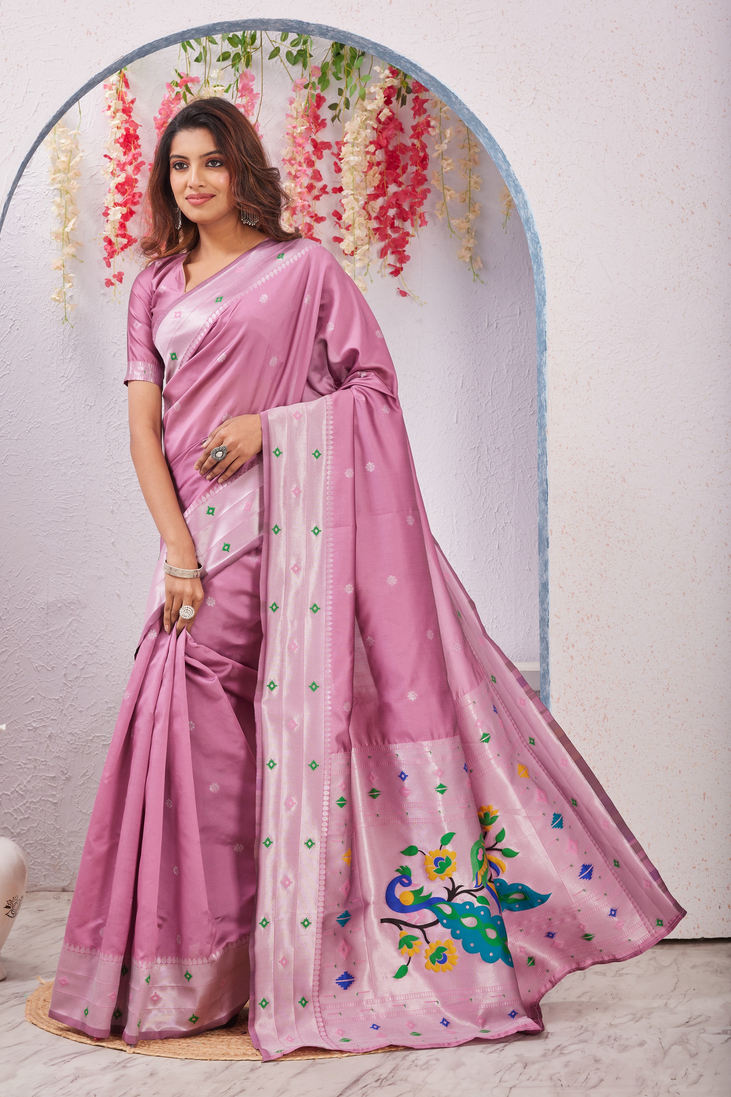 Light Pink Banarasi Silk Saree with Peacock Motif, Rich Pallu & Jacquard Jari Work