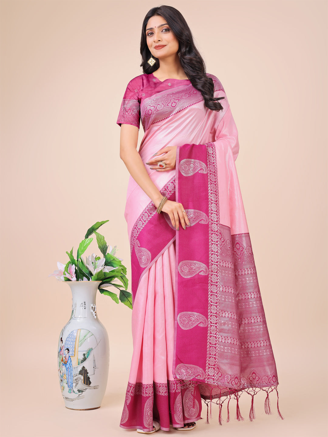Light Pink Lichi Silk Woven Designer Festive Graceful Saree