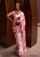 Light Pink Satin Crepe  Saree With Digital Printed Work
