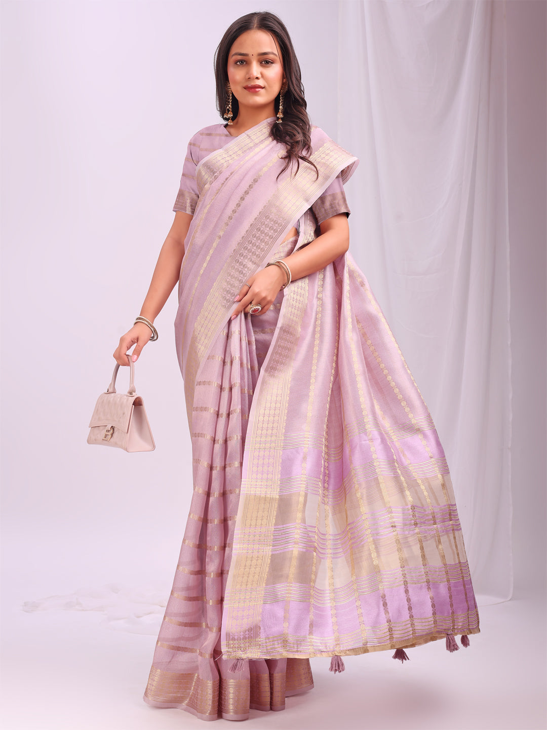 Light Pink Woven Zari Designer Ethnic Organza Saree