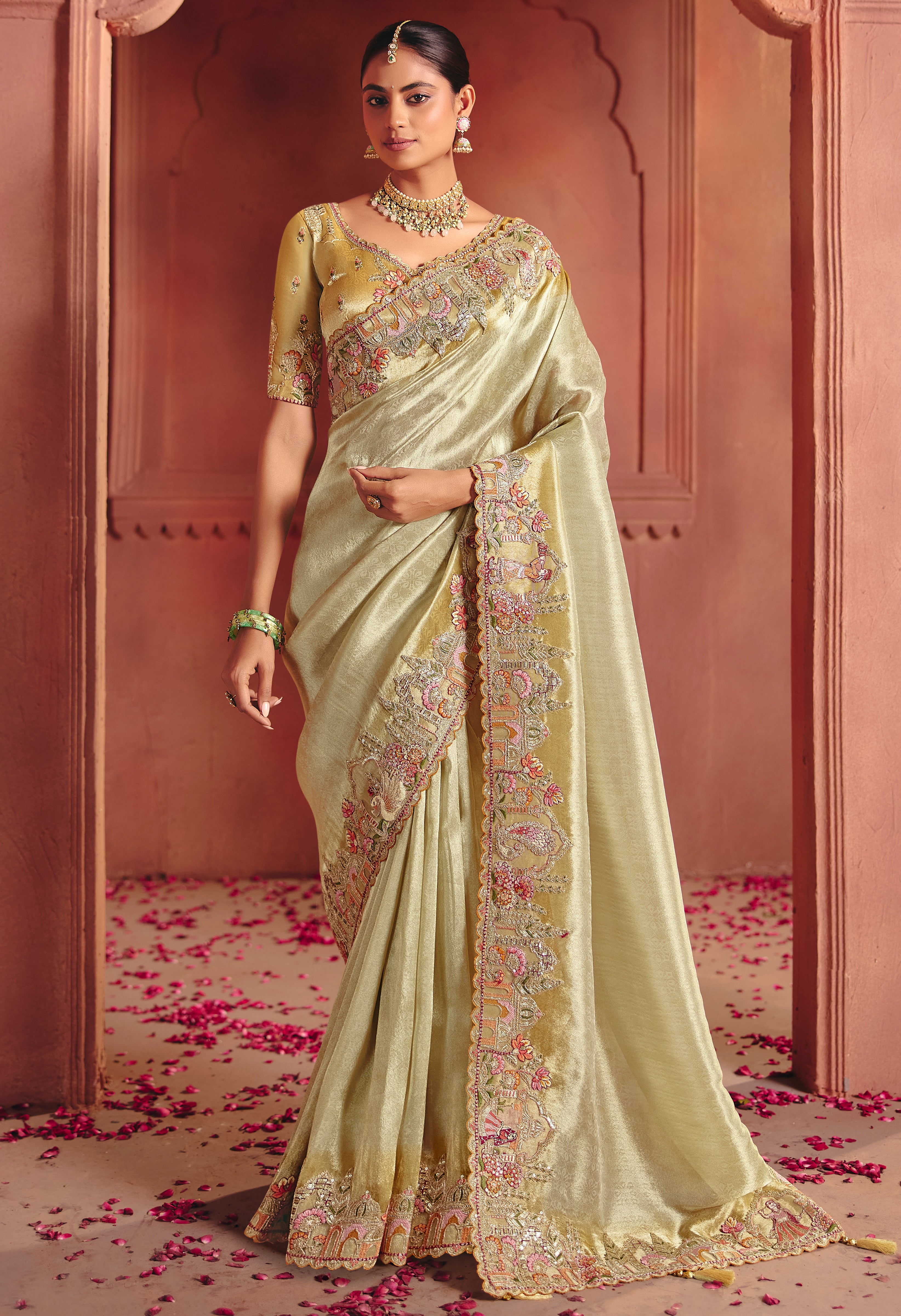 Light Pista Saree With  Sequin, Thread, Weaving Heavy Embroidery Work  With Heavy Embroidery Work Blouse