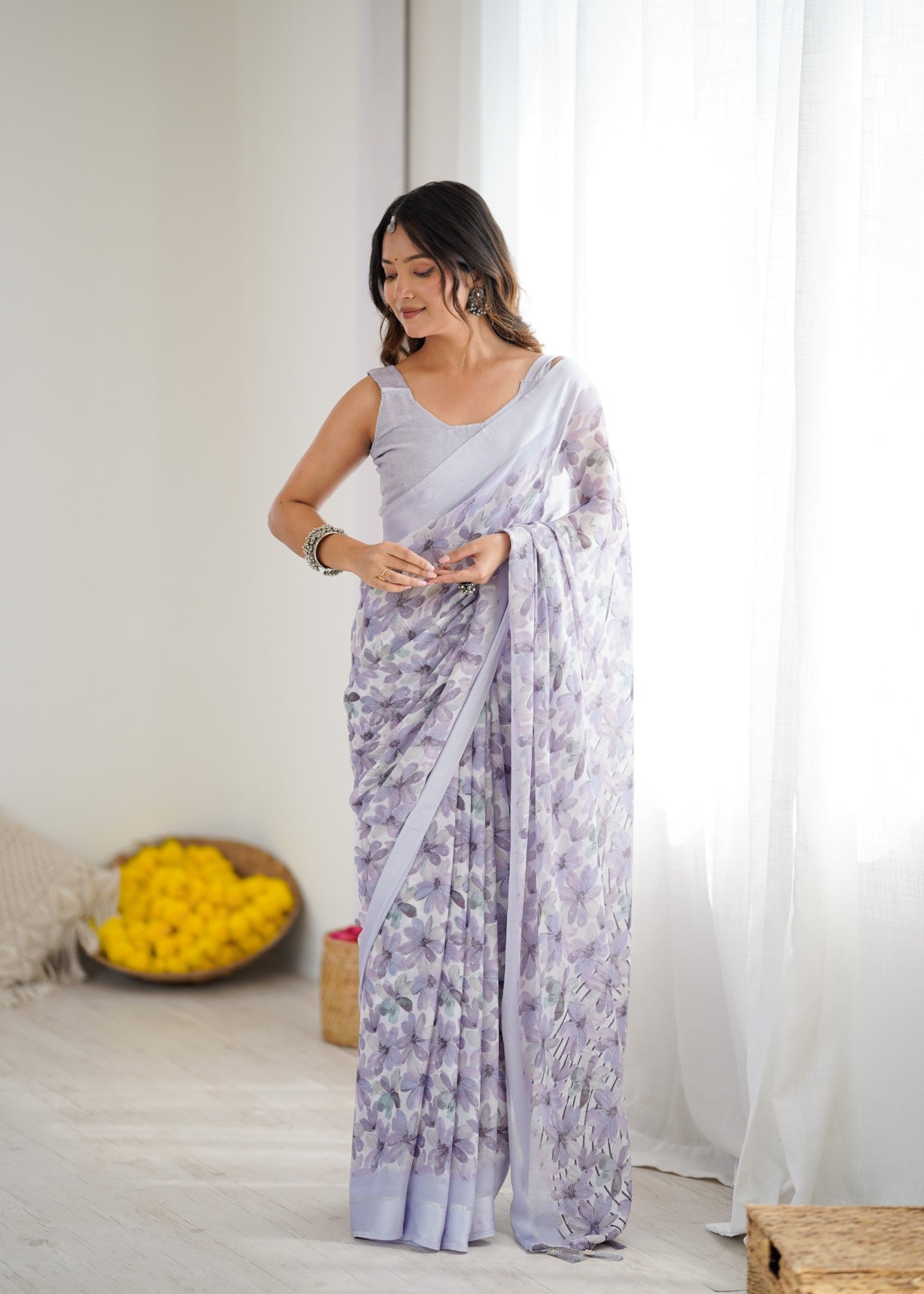 Light Purple Bright Moss Satin Patta Saree With Printed Design
