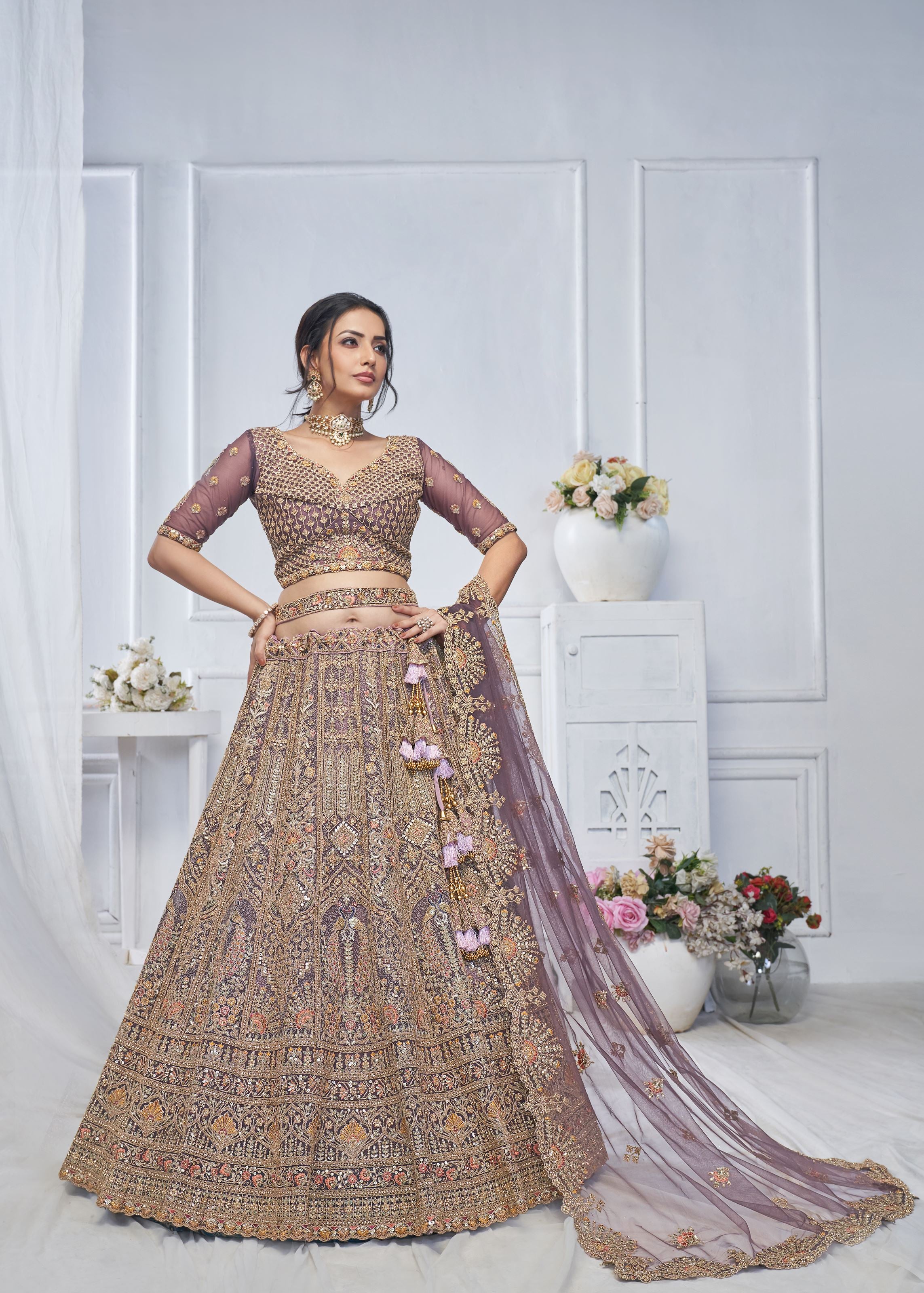 Light Purple Lehenga Choli With Zari Paisley Embroidery, Silk Patches, And Regal Peacock Motifs